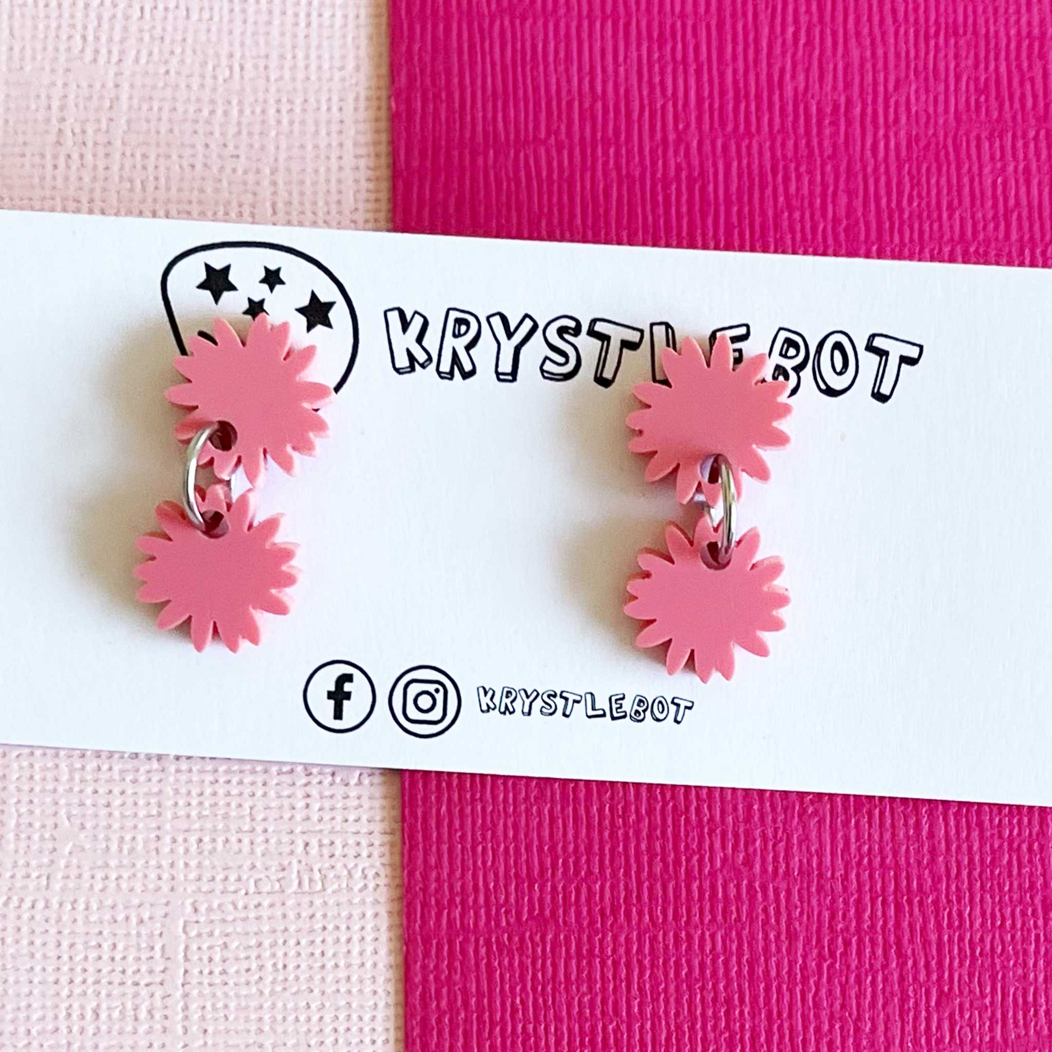 Raspberry pink mini starburst dangles, lightweight earrings, teacher earrings, acrylic earrings