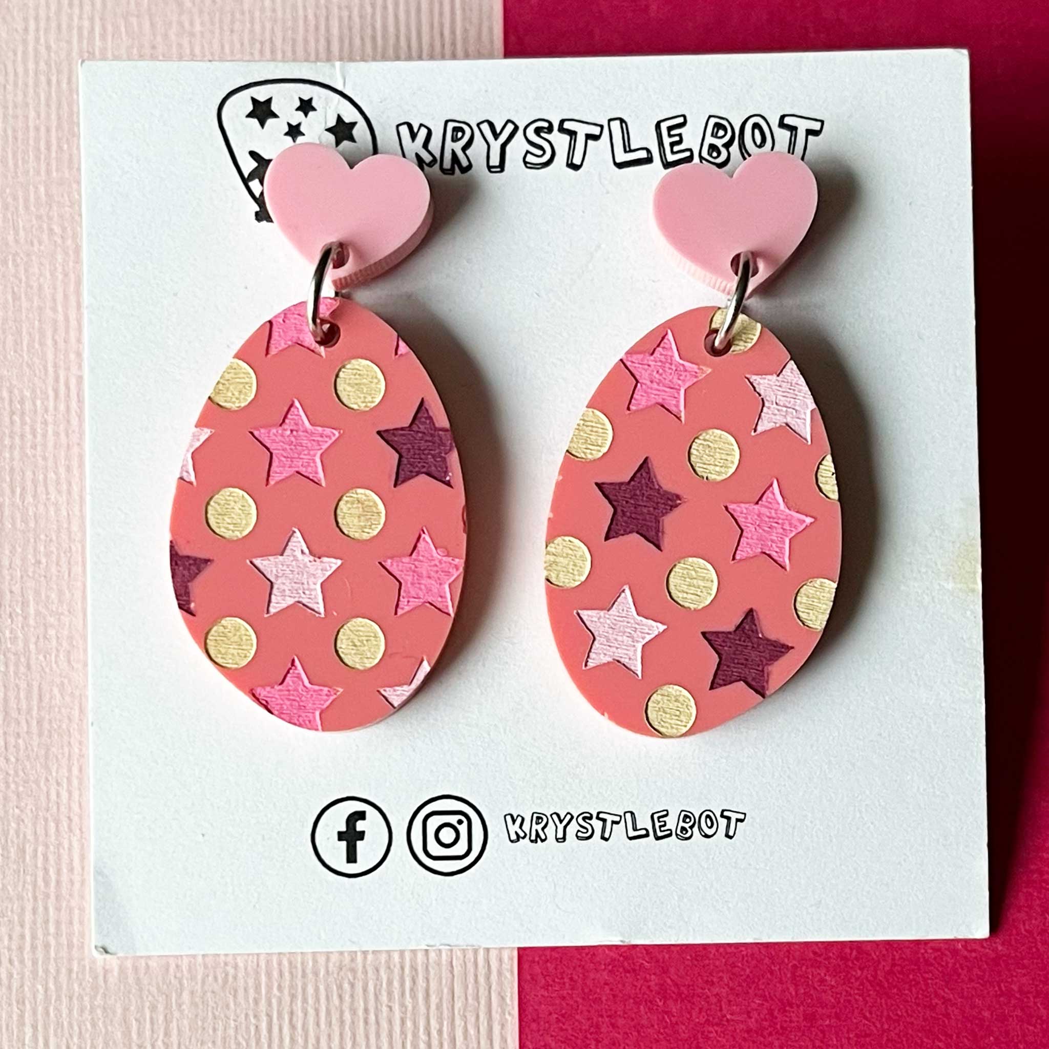Raspberry pink multi coloured star and spots Hand Painted Oval Earrings, Lightweight Acrylic Dangles, One-Off