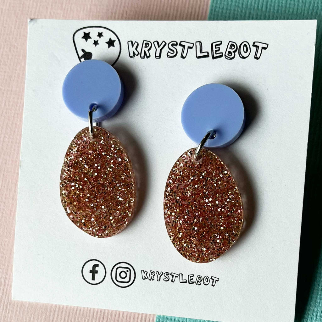 Pink Rose Gold Glitter Oval Statement Dangles with blue circle stud tops, Abstract Oval, Teacher Earrings, Small Earrings
