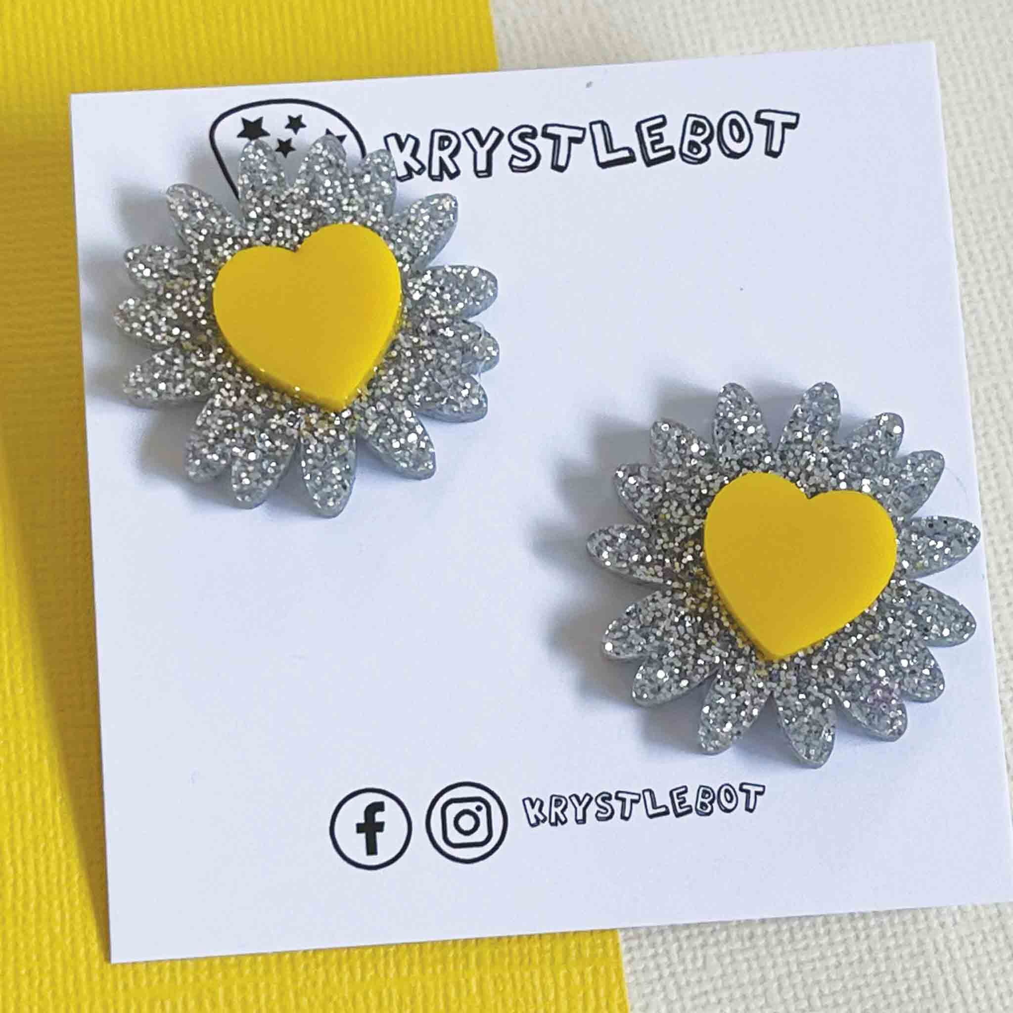 Silver and yellow stacked sunflower stud statement earrings, teacher dangles, big large earrings, acrylic earrings