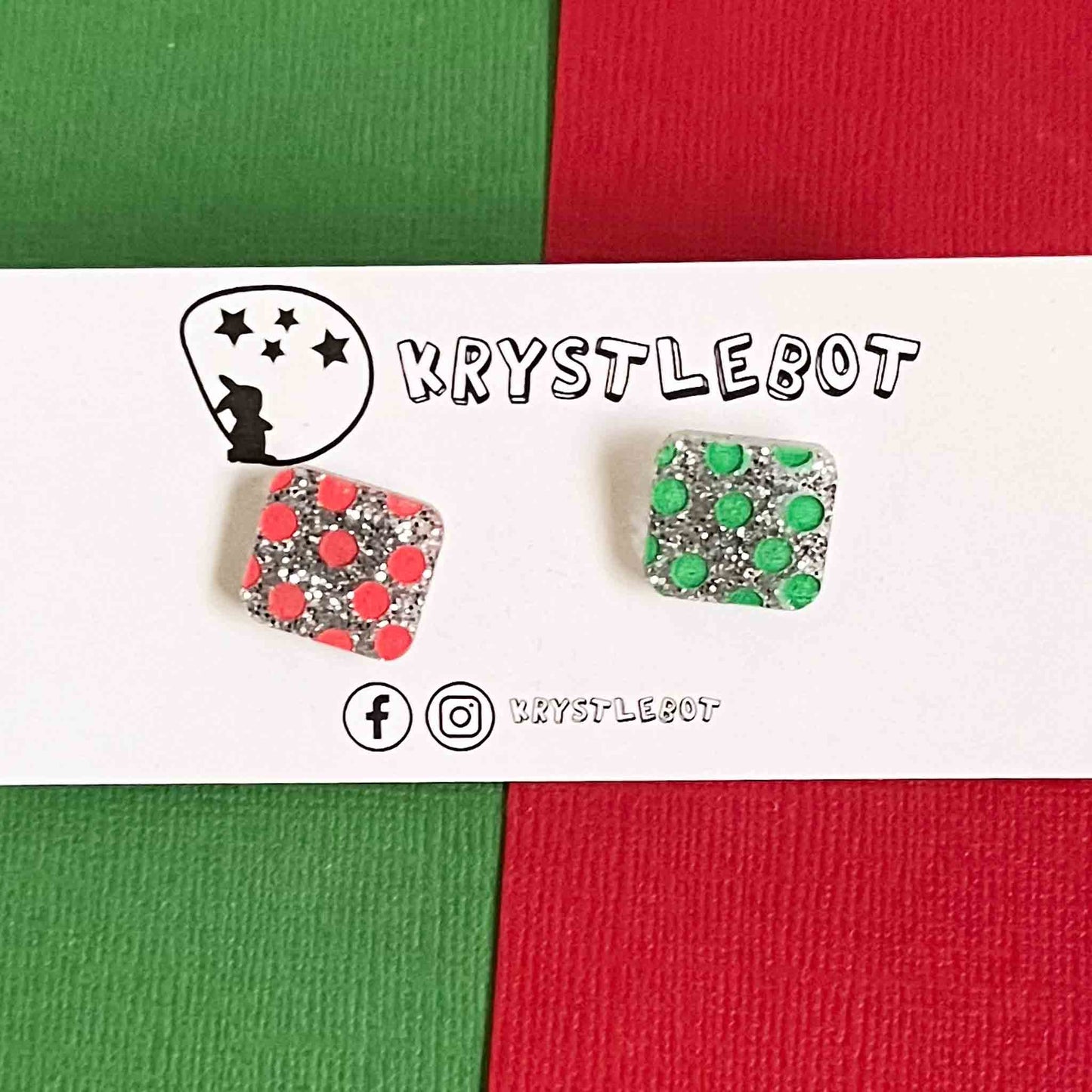 Mismatched silver glitter Christmas mini spotted painted square studs, Teacher Gifts, Everyday earrings, Basic Studs