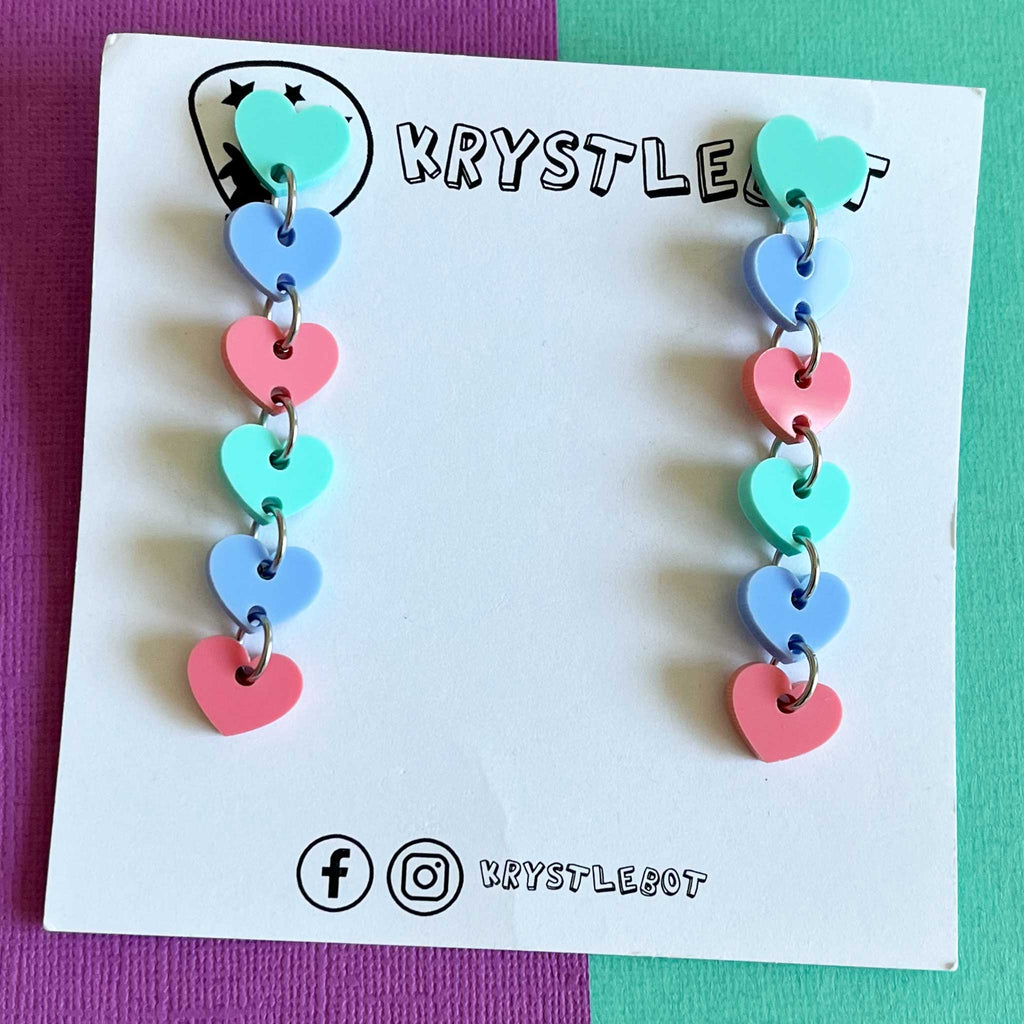 Blue, spearmint green and raspberry sweetheart dangles, mini heart dangles, acrylic earrings, teacher earrings, lightweight dangles