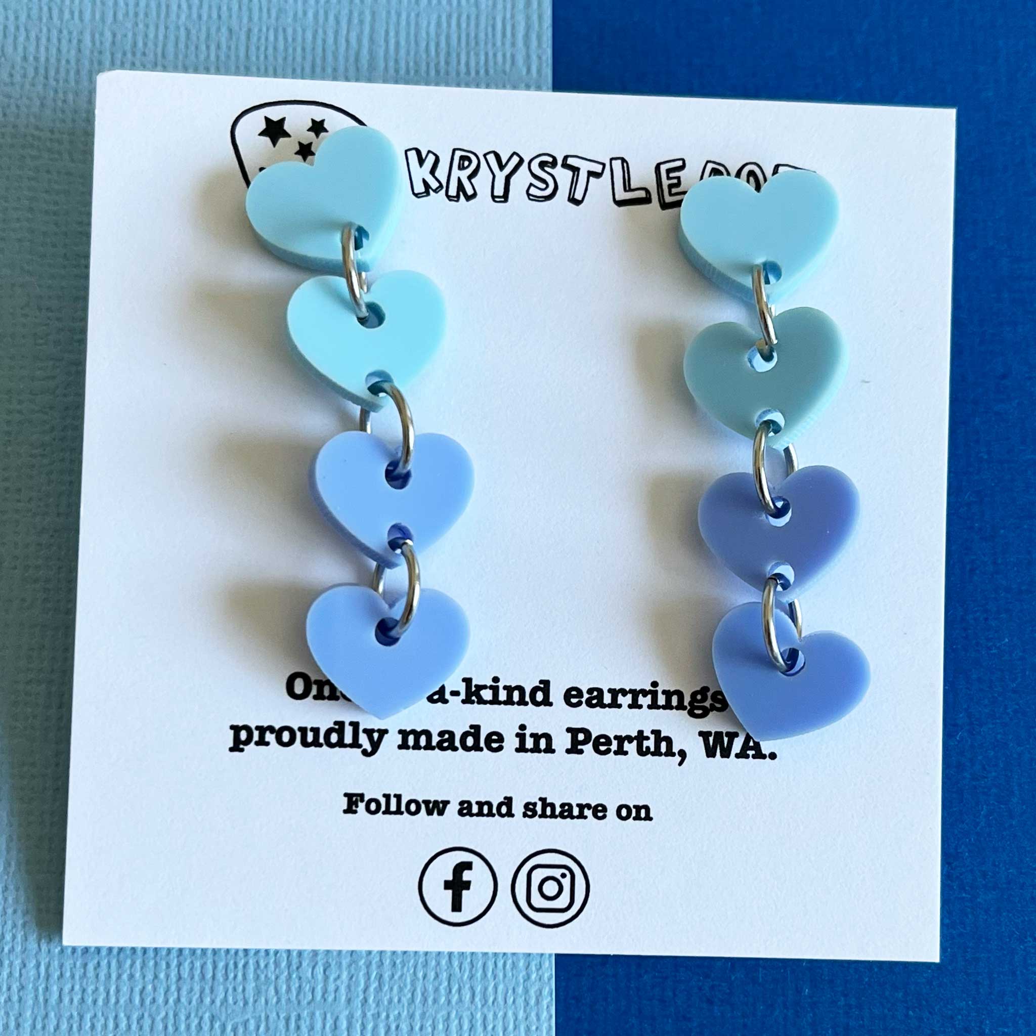 Two toned blue sweetheart dangles, mini heart dangles, acrylic earrings, teacher earrings, lightweight dangles