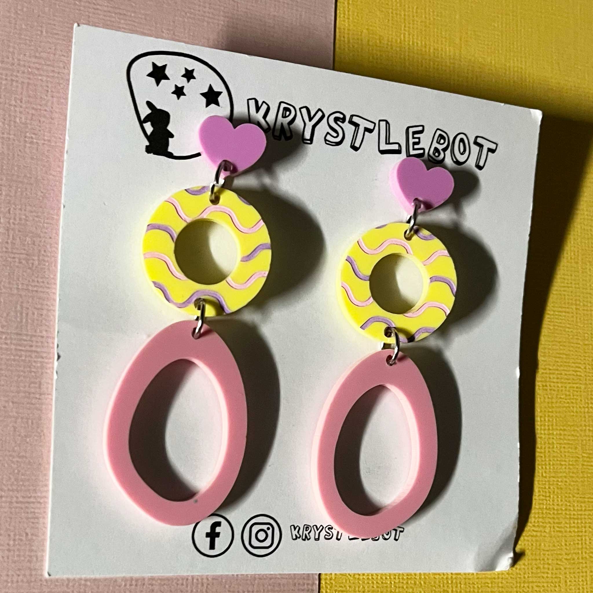 Purple, pink and yellow circle and large oval dangle earrings with wave patterned painted centre, Acrylic earrings, Lightweight dangles,Teacher Earrings