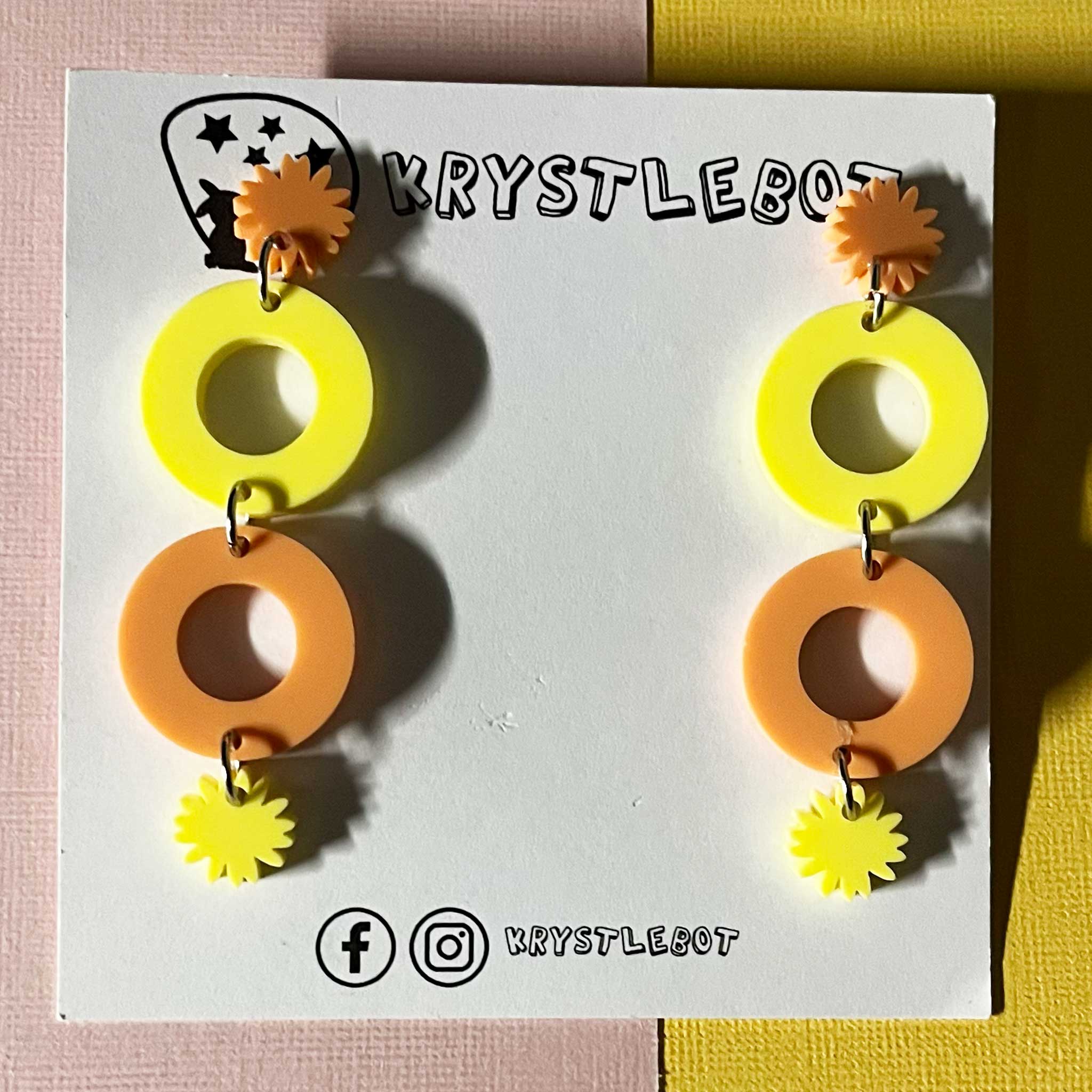 Orange and yellow starburst and circle dangles, Acrylic earrings, Lightweight dangles,Teacher Earrings