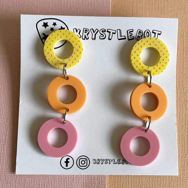 Yellow, Orange and Pink trio Circle Dangles with hand painted top (orange and pink), Acrylic earrings, Lightweight dangles,Teacher Earrings