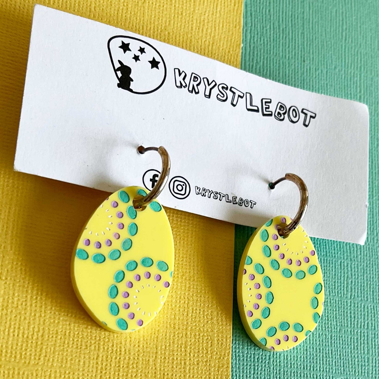 Yellow Green, White and Purple Painted Circle Spots Huggie Hoop  Oval Earrings, Lightweight Acrylic Dangles, One-Off