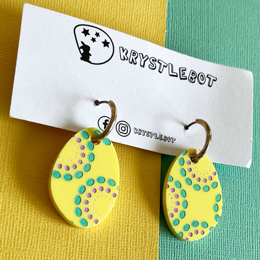 Yellow Green, White and Purple Painted Circle Spots Huggie Hoop  Oval Earrings, Lightweight Acrylic Dangles, One-Off