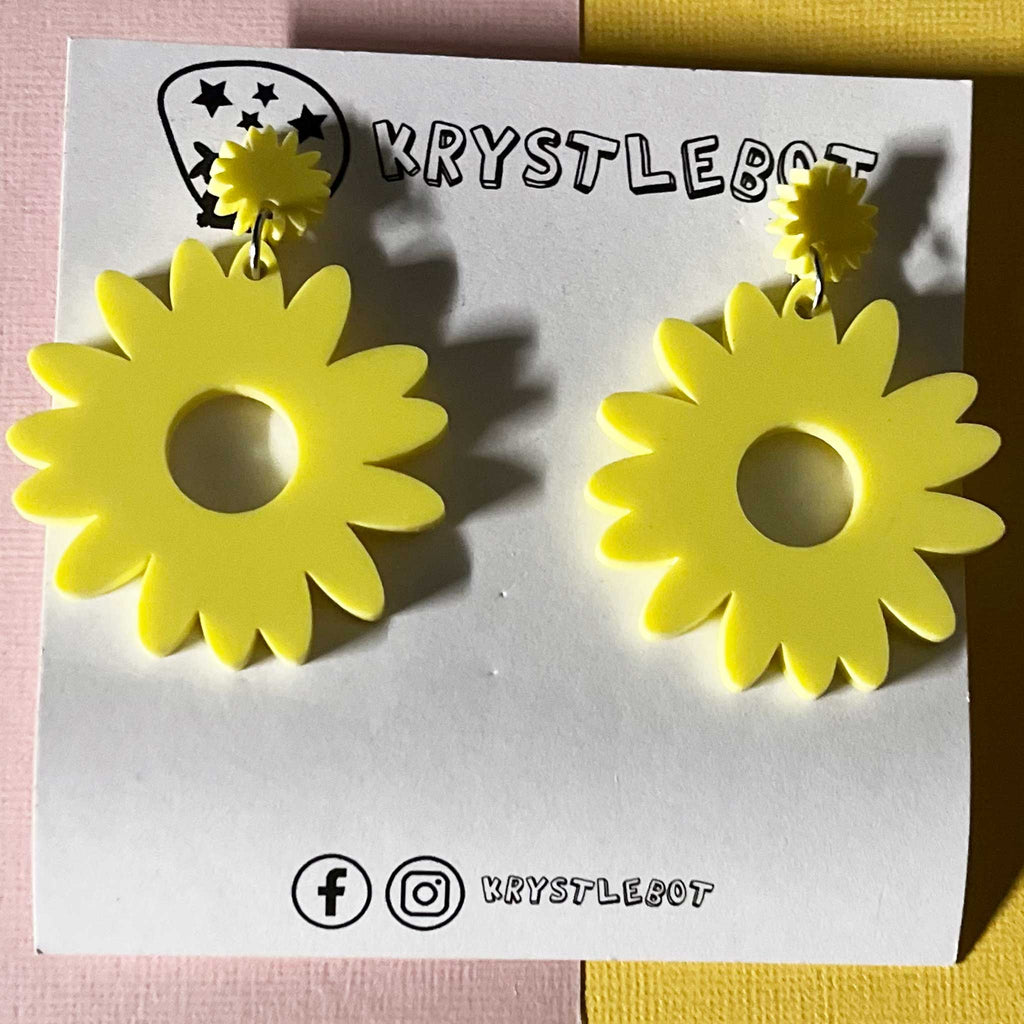 Large yellow sunflower statement dangles, floral flower earrings, big statement lightweight earrings, teacher earrings