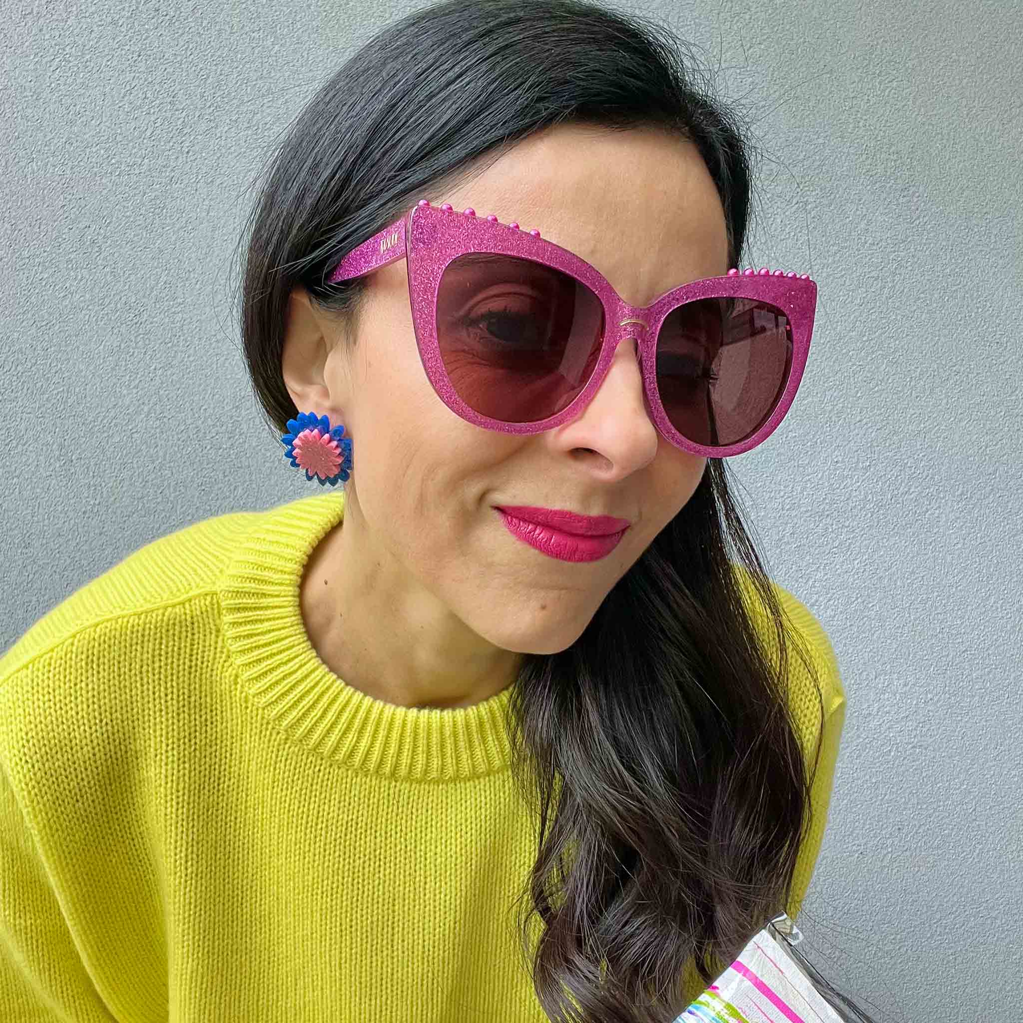 Black and pink glitter stacked sunflower stud statement earrings - Krystlebot