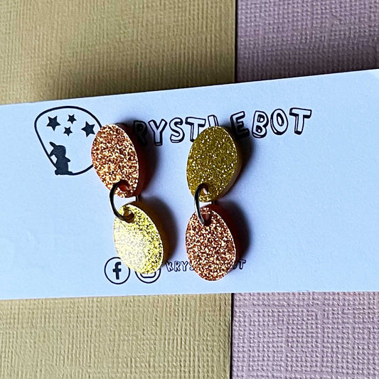 Orange and Yellow sports glitter small oval dangle earrings, mismatch lightweight earrings, teacher dangles, kid earrings, first earrings