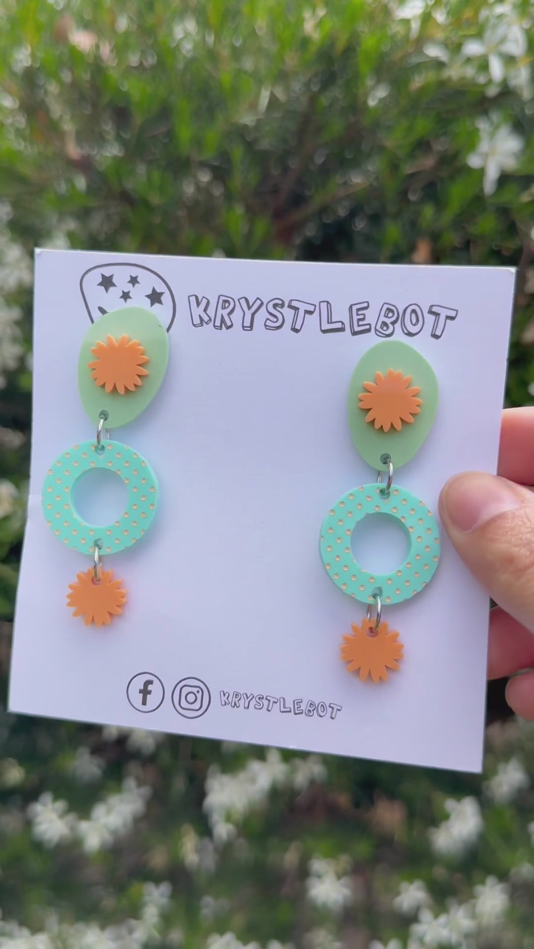 Spearmint green, orange and sage green circle, oval and starburst dangles, spotted painted pattern, Acrylic earrings, Lightweight dangles,Teacher Earrings
