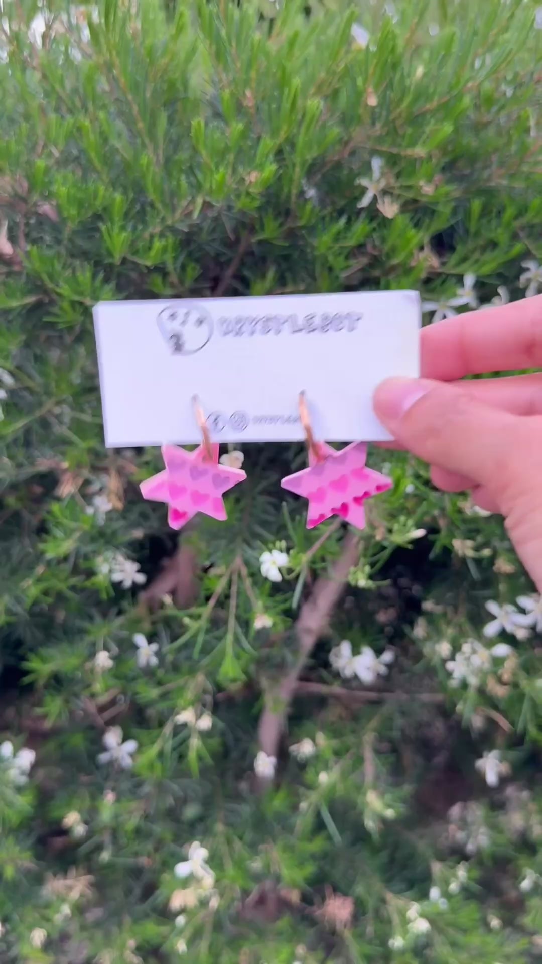 Pink star dangles hand painted with pink, magenta and peach hearts, Huggie Hoop Square Earrings, Lightweight Acrylic Dangles, One-Off