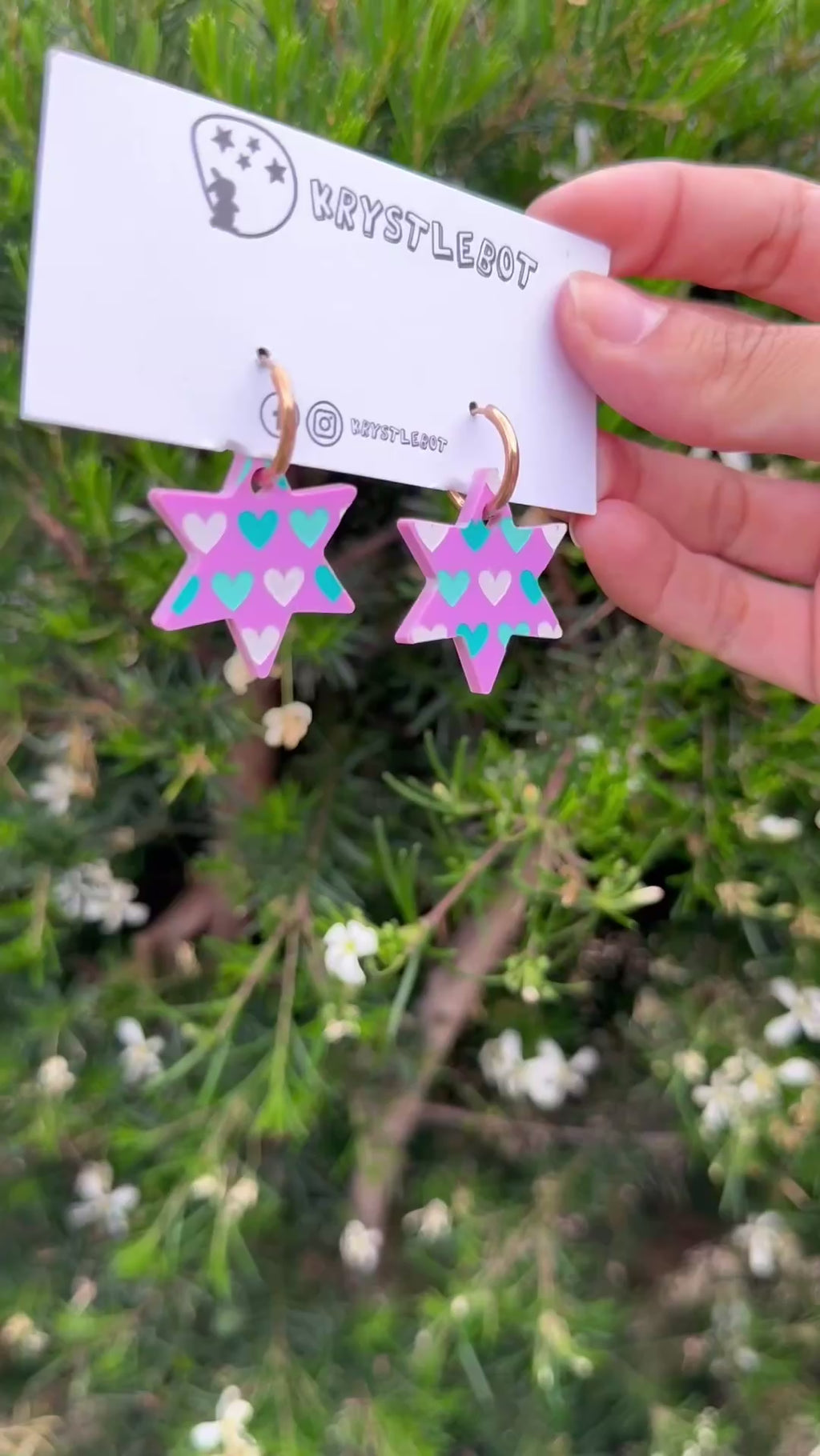 Purple star dangles hand painted with white, aqua and teal hearts, Huggie Hoop Square Earrings, Lightweight Acrylic Dangles, One-Off
