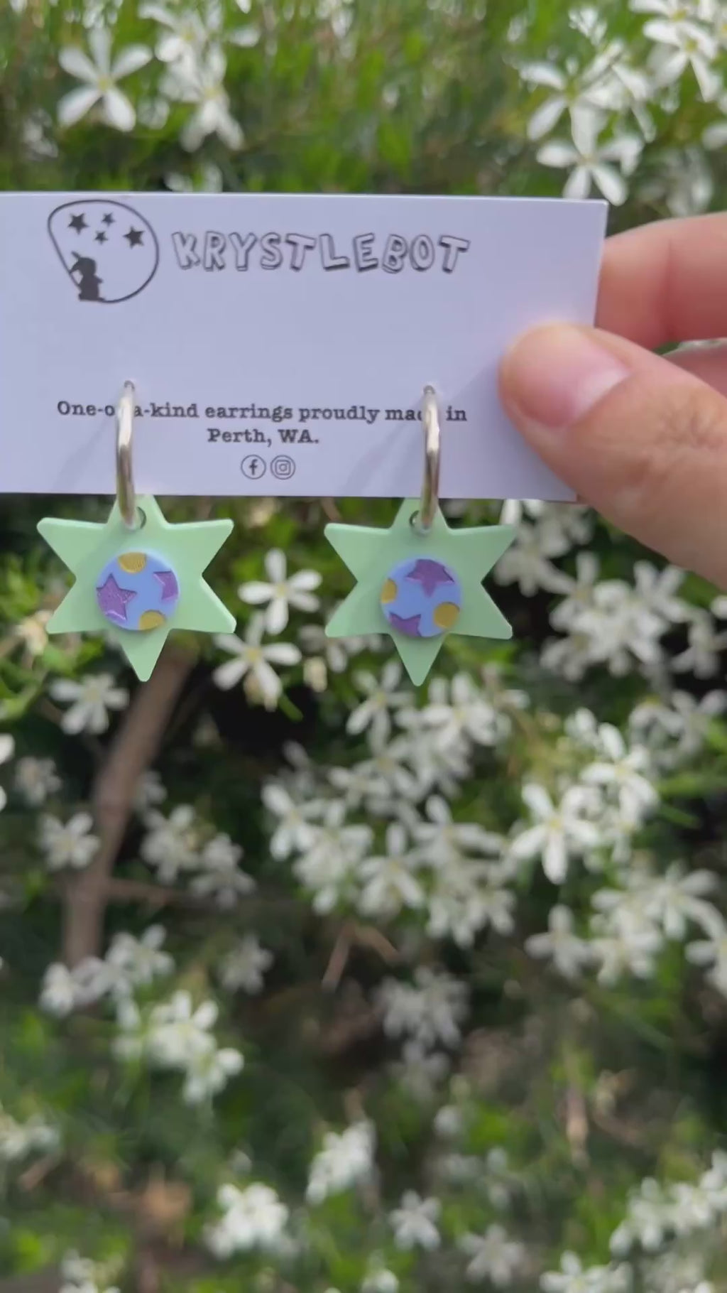 Sage Green, Blue, Gold and Purple Painted Star Huggie Hoop Square Earrings, Lightweight Acrylic Dangles, One-Off