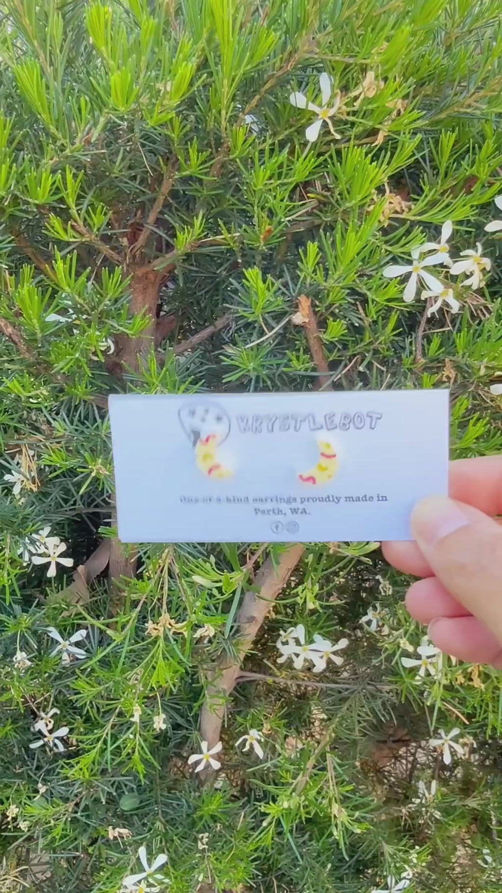 Yellow mini moon shaped squiggle hand painted acrylic earrings, one-of-a-kind, only one made like this