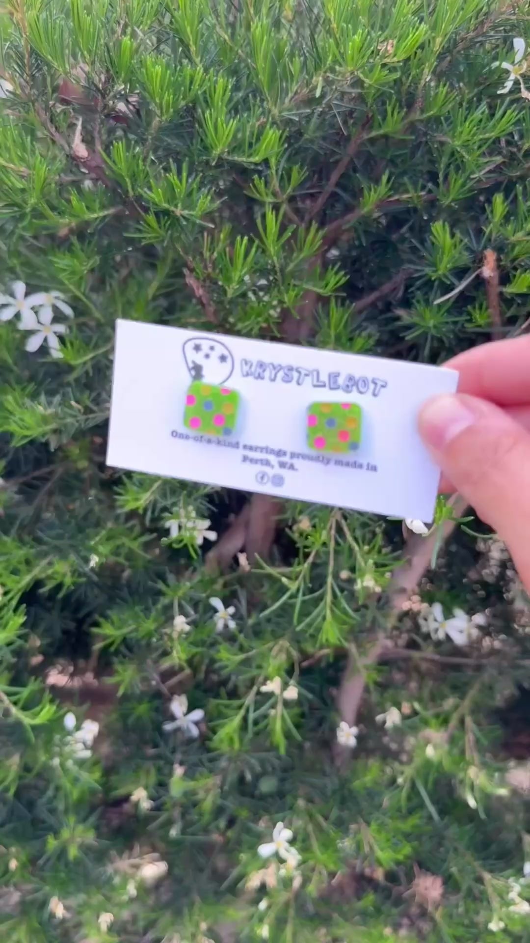 Apple green glitter spotted hand painted square shaped acrylic earrings, one-of-a-kind, only one made like this