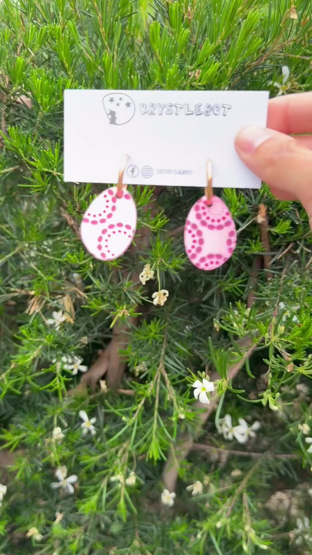 Pink Painted Circle Spots Huggie Hoop  Oval Earrings, Lightweight Acrylic Dangles, One-Off