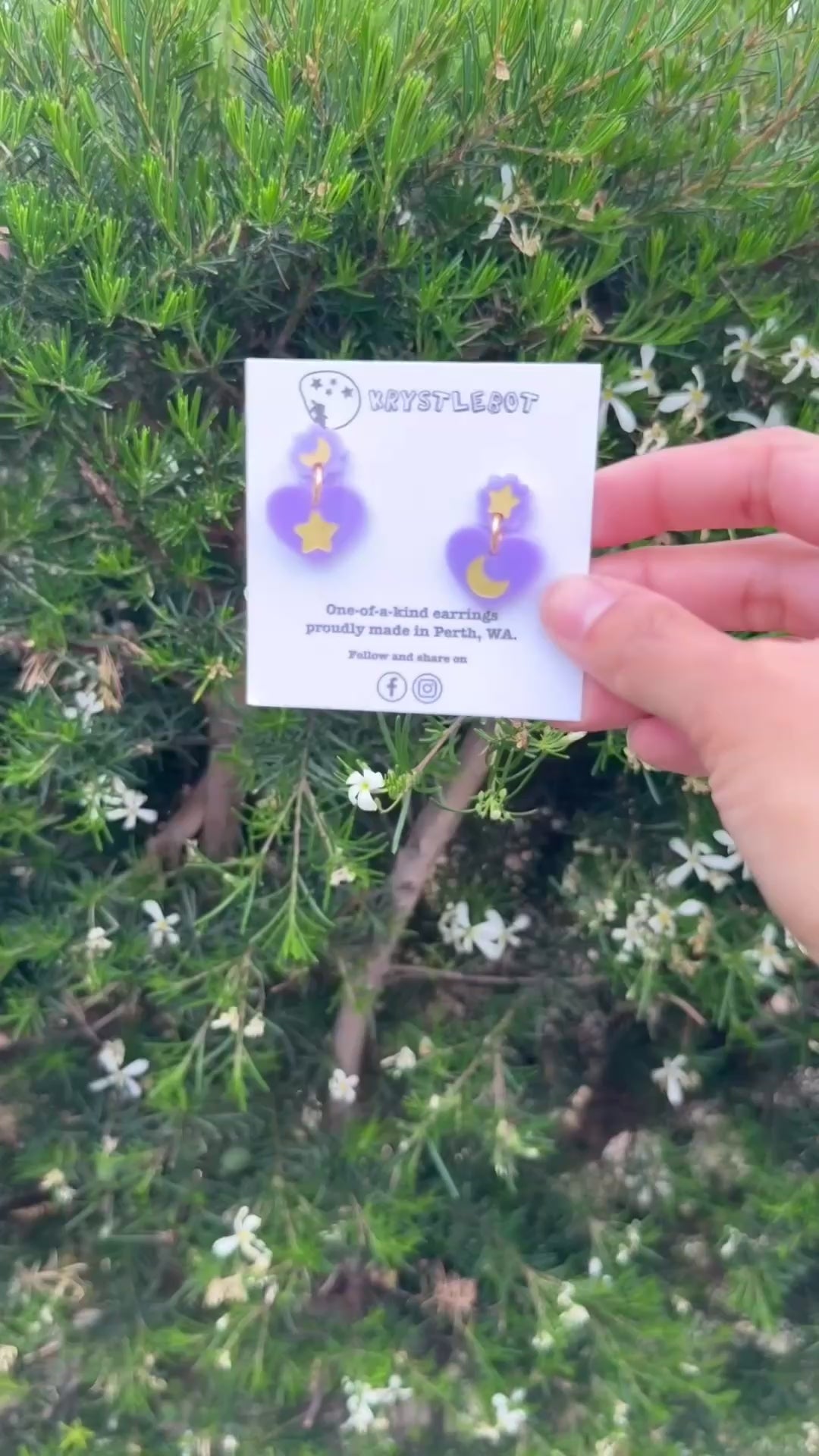 Purple star and moon mismatched Hand Painted heart Earrings, Lightweight Acrylic Dangles, One-Off