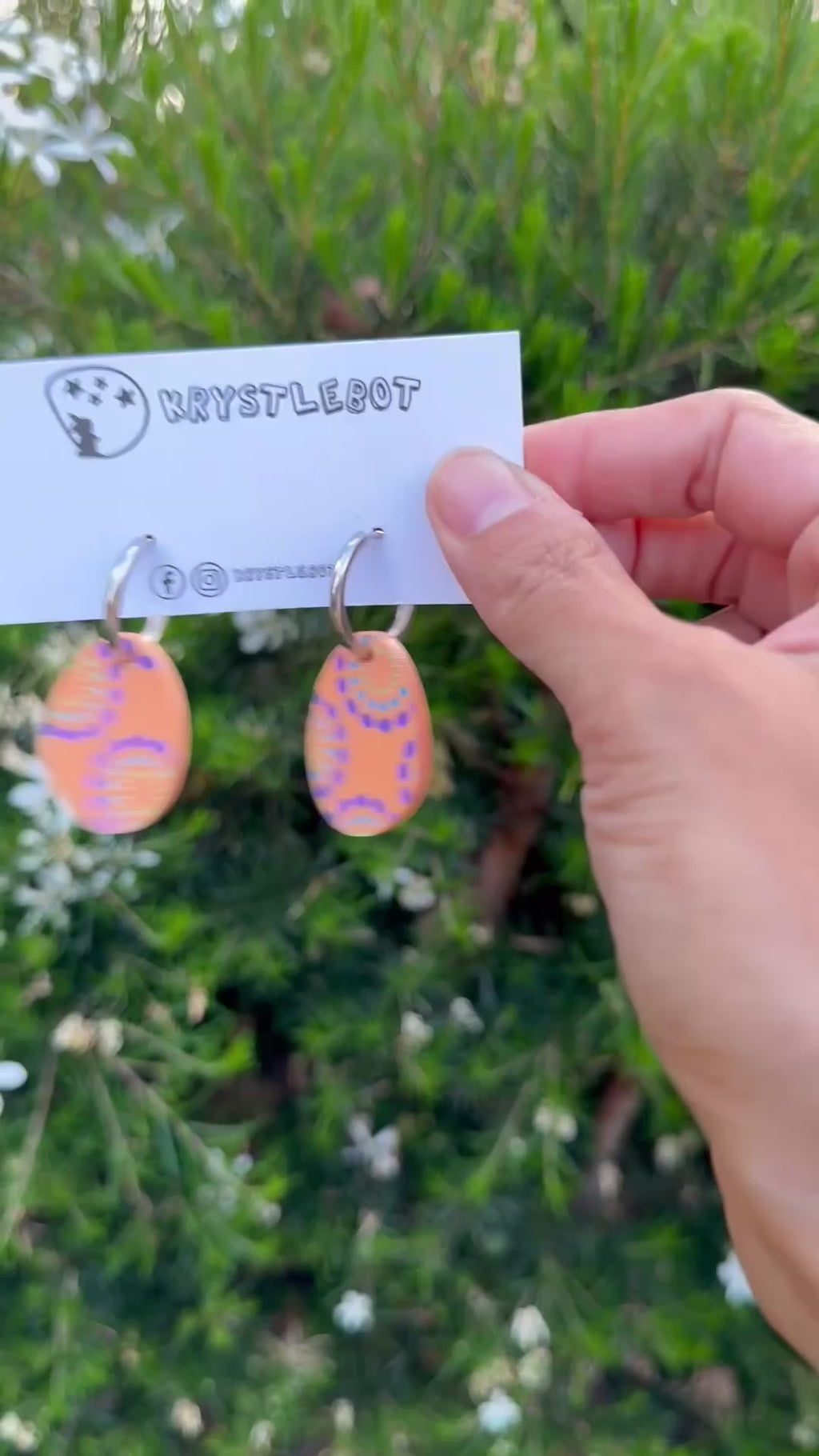 Orange painted circle burst Huggie Hoop oval Earrings, Lightweight Acrylic Dangles, One-Off