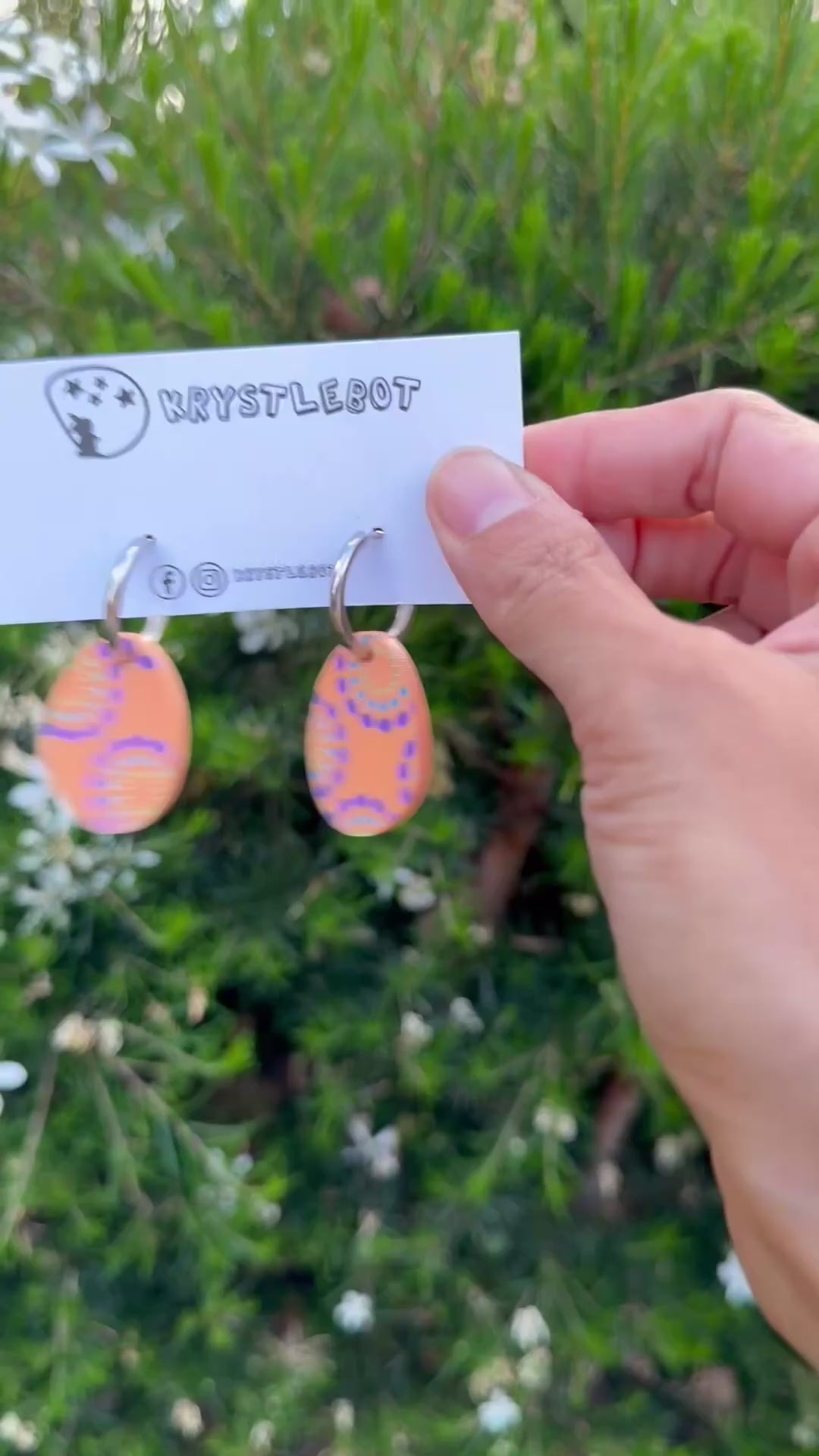 Orange painted circle burst Huggie Hoop oval Earrings, Lightweight Acrylic Dangles, One-Off