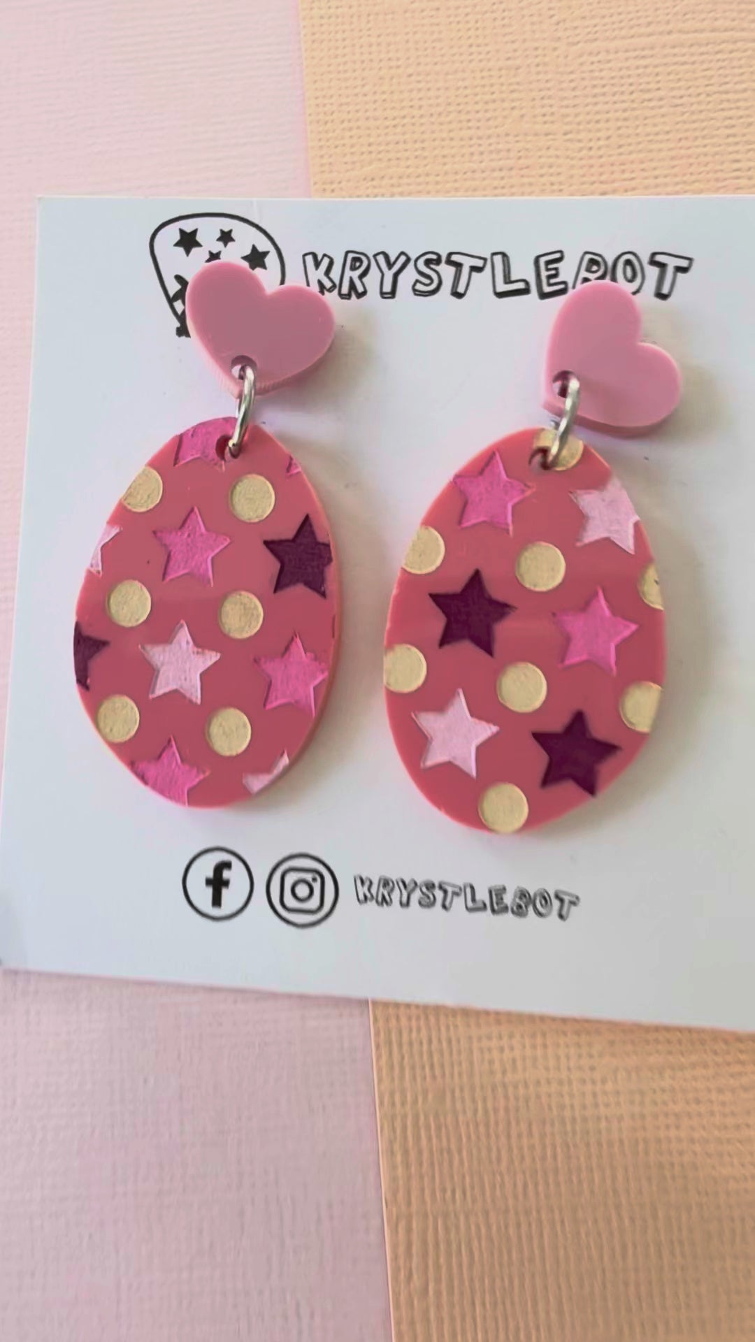 Raspberry pink multi coloured star and spots Hand Painted Oval Earrings, Lightweight Acrylic Dangles, One-Off