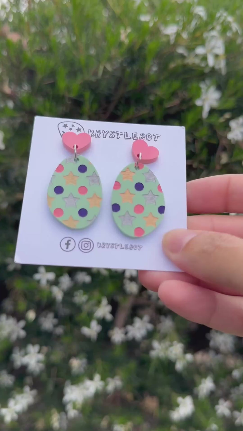 Mint green multi coloured star and spots Hand Painted Oval Earrings, Lightweight Acrylic Dangles, One-Off