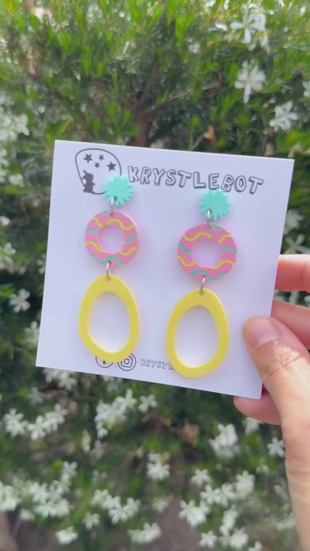 Spearmint green, pink and yellow circle and large oval dangle earrings with wave patterned painted centre, Acrylic earrings, Lightweight dangles,Teacher Earrings