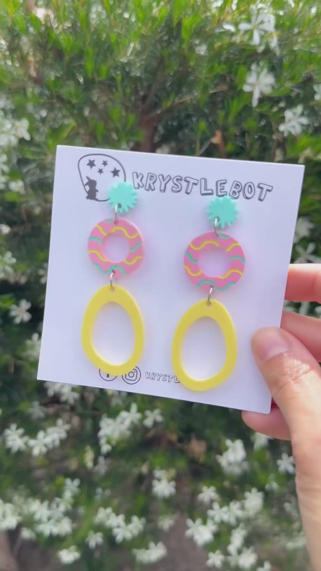 Spearmint green, pink and yellow circle and large oval dangle earrings with wave patterned painted centre, Acrylic earrings, Lightweight dangles,Teacher Earrings