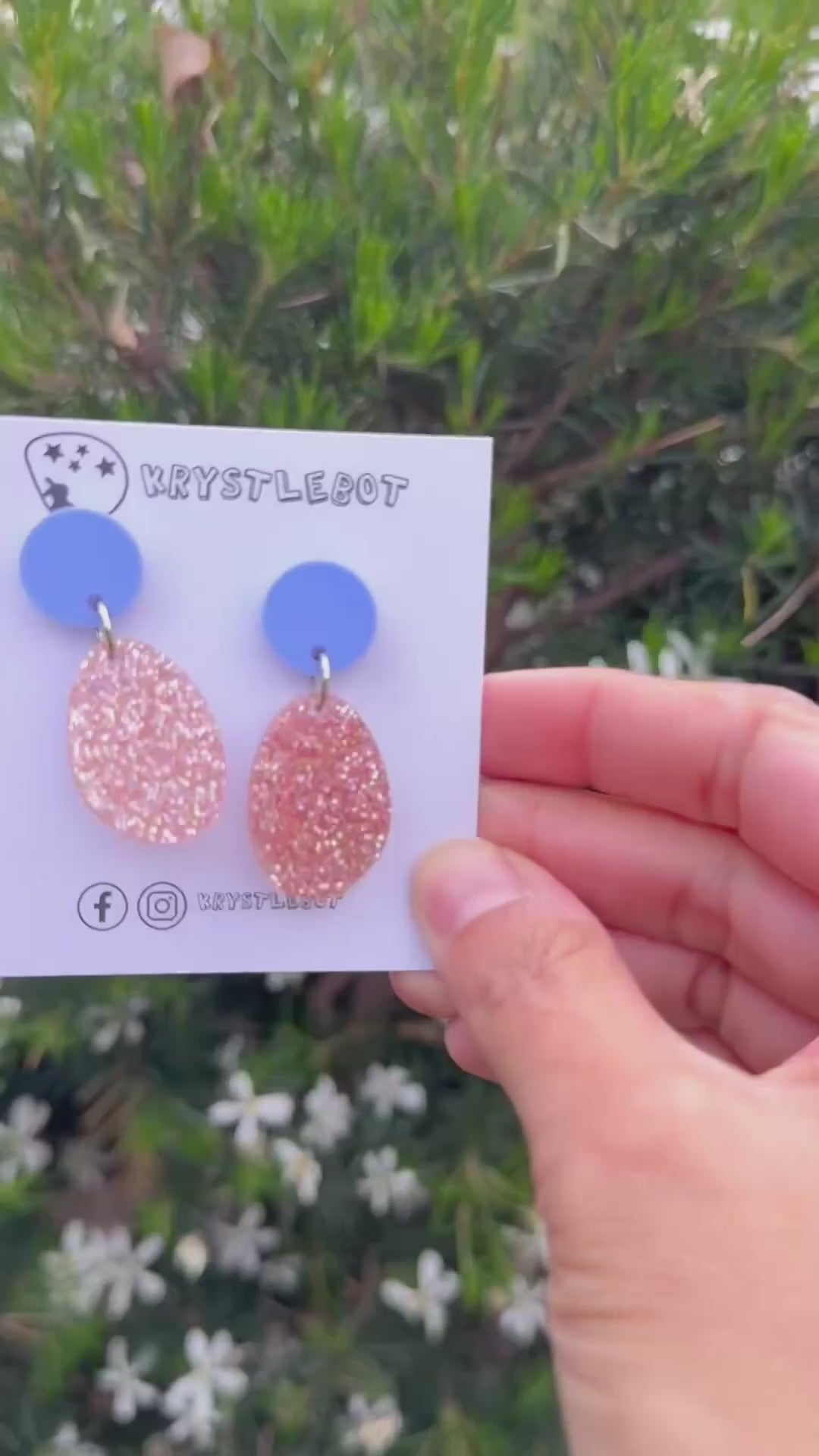 Pink Rose Gold Glitter Oval Statement Dangles with blue circle stud tops, Abstract Oval, Teacher Earrings, Small Earrings