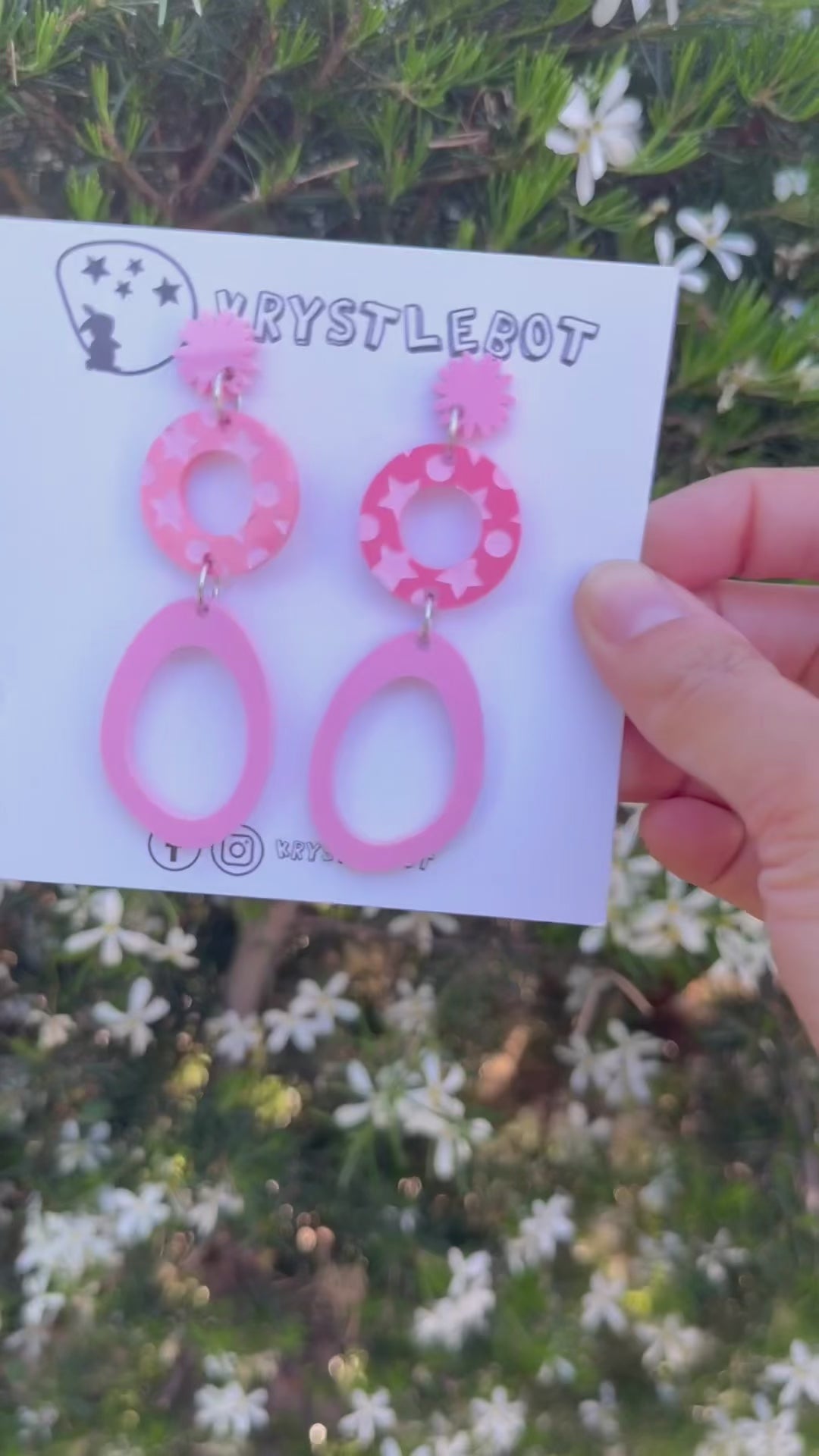 Two pink starburst, circle and large oval dangle earrings with star patterned painted centre, Acrylic earrings, Lightweight dangles,Teacher Earrings