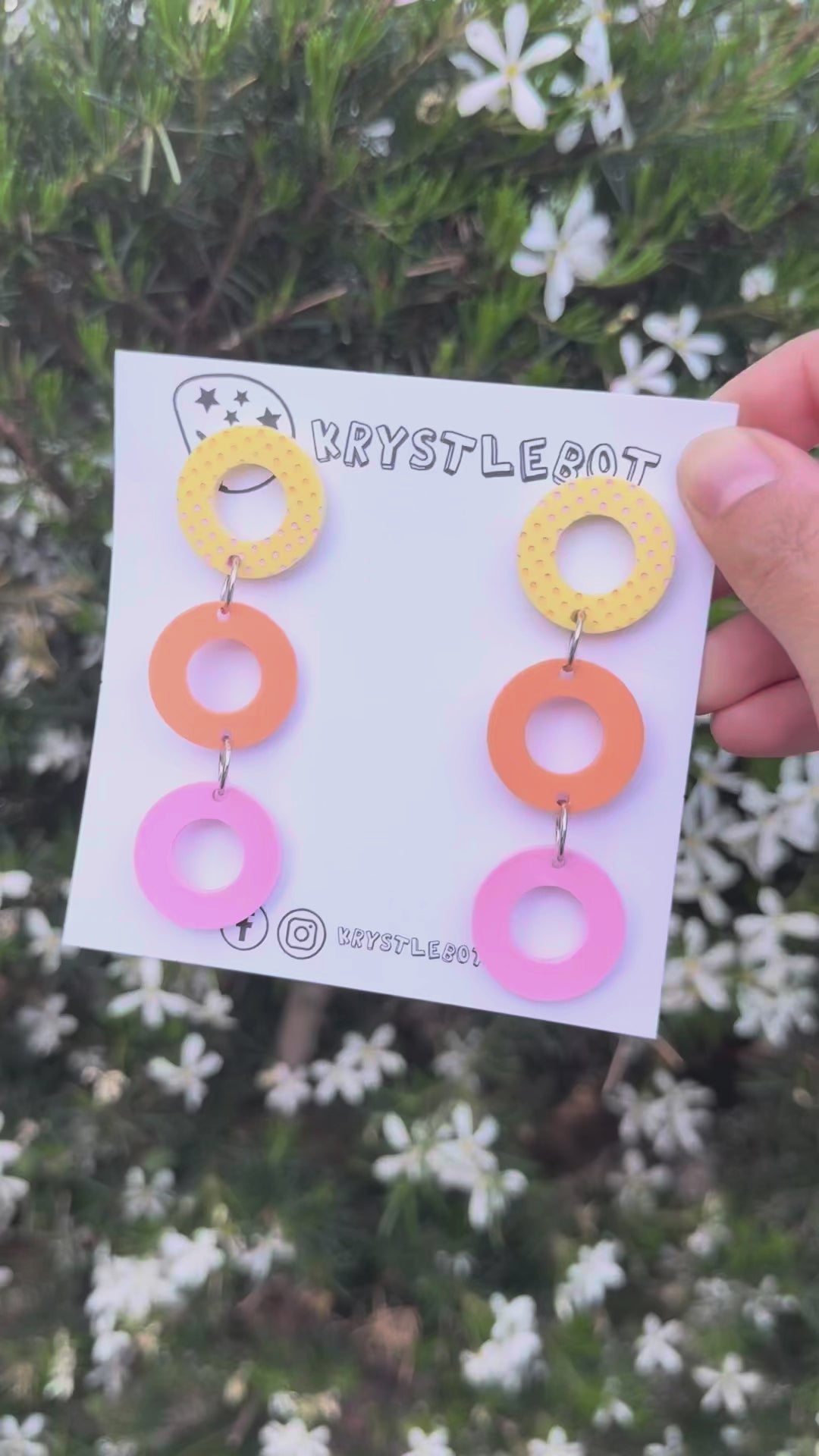 Yellow, Orange and Pink trio Circle Dangles with hand painted top (orange and pink), Acrylic earrings, Lightweight dangles,Teacher Earrings