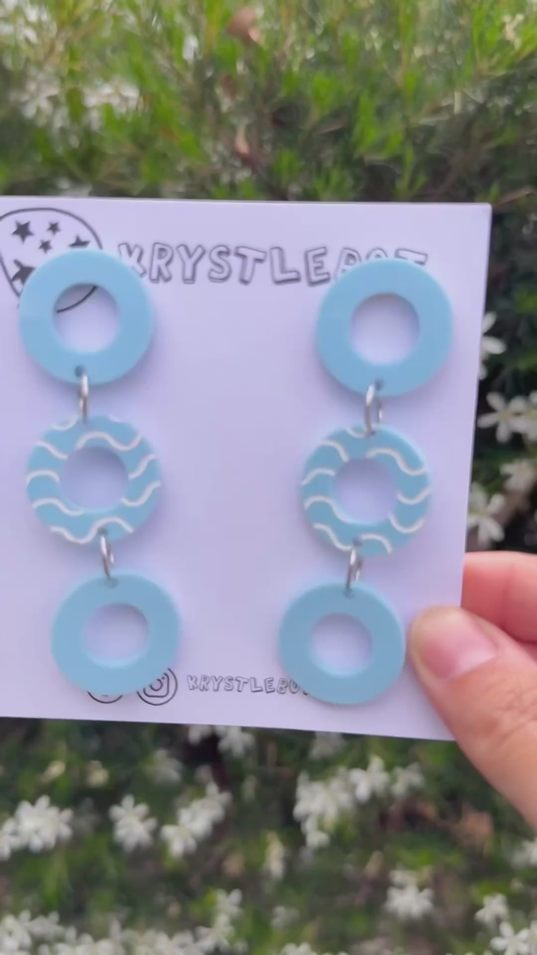 Light Blue Circle Trio dangles with white hand painted wave centre, Acrylic earrings, Lightweight dangles,Teacher Earrings
