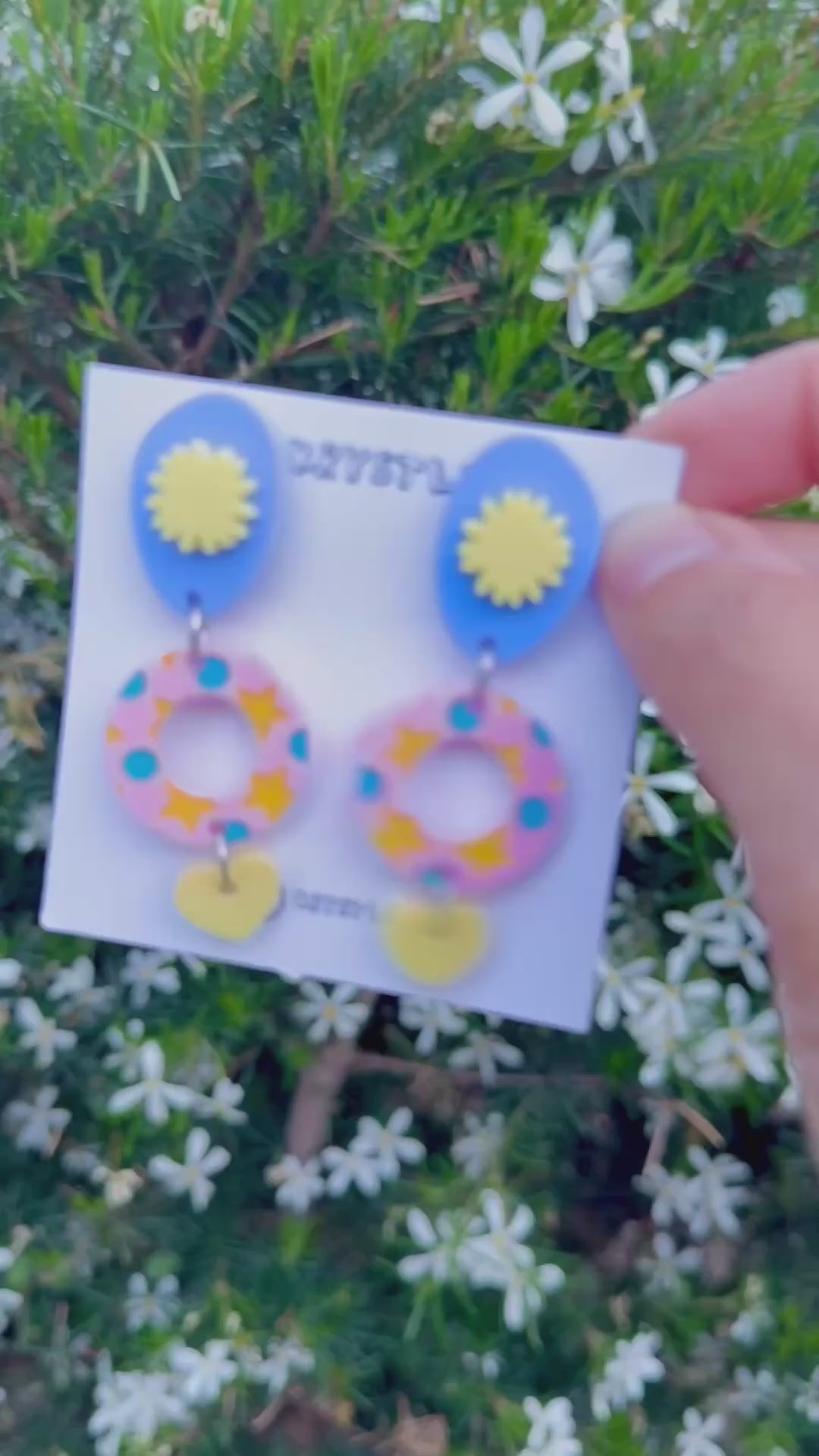 Yellow, blue and pink circle, oval and heart starburst dangles, star painted pattern, Acrylic earrings, Lightweight dangles,Teacher Earrings