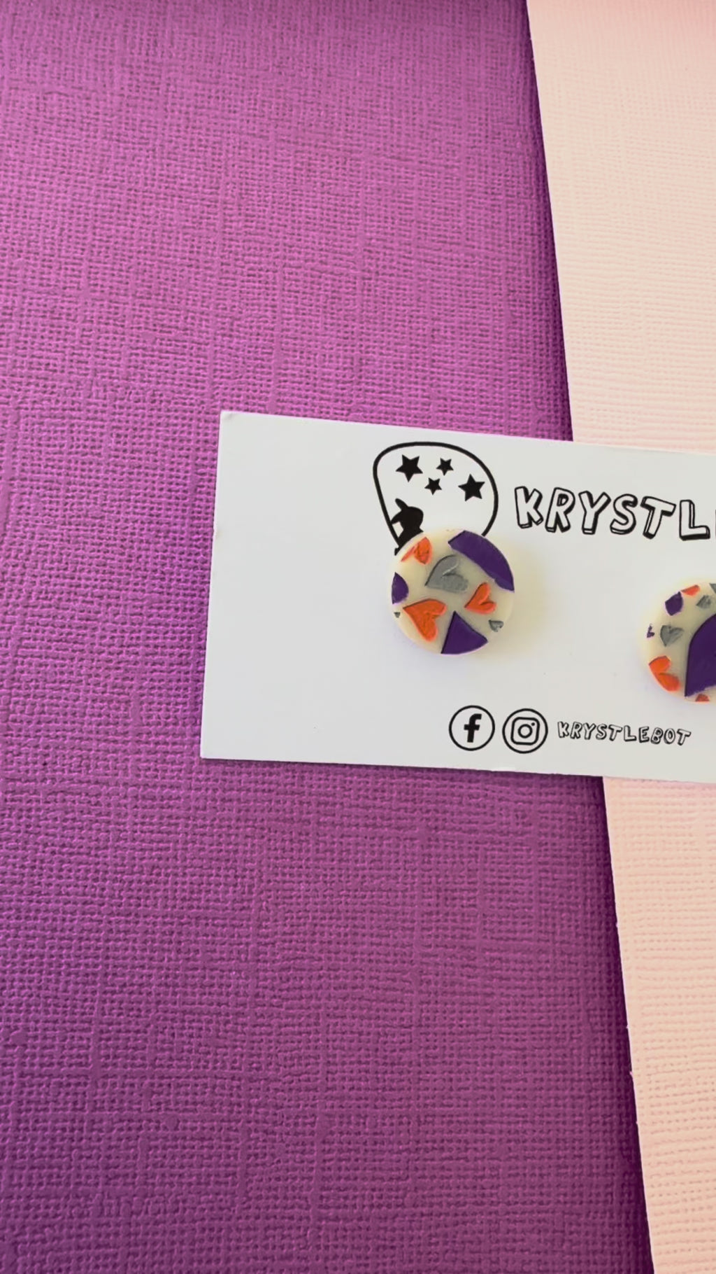 Heart pattern circle acrylic cream studs, hand painted in purple, orange and light grey. One-of-a-kind