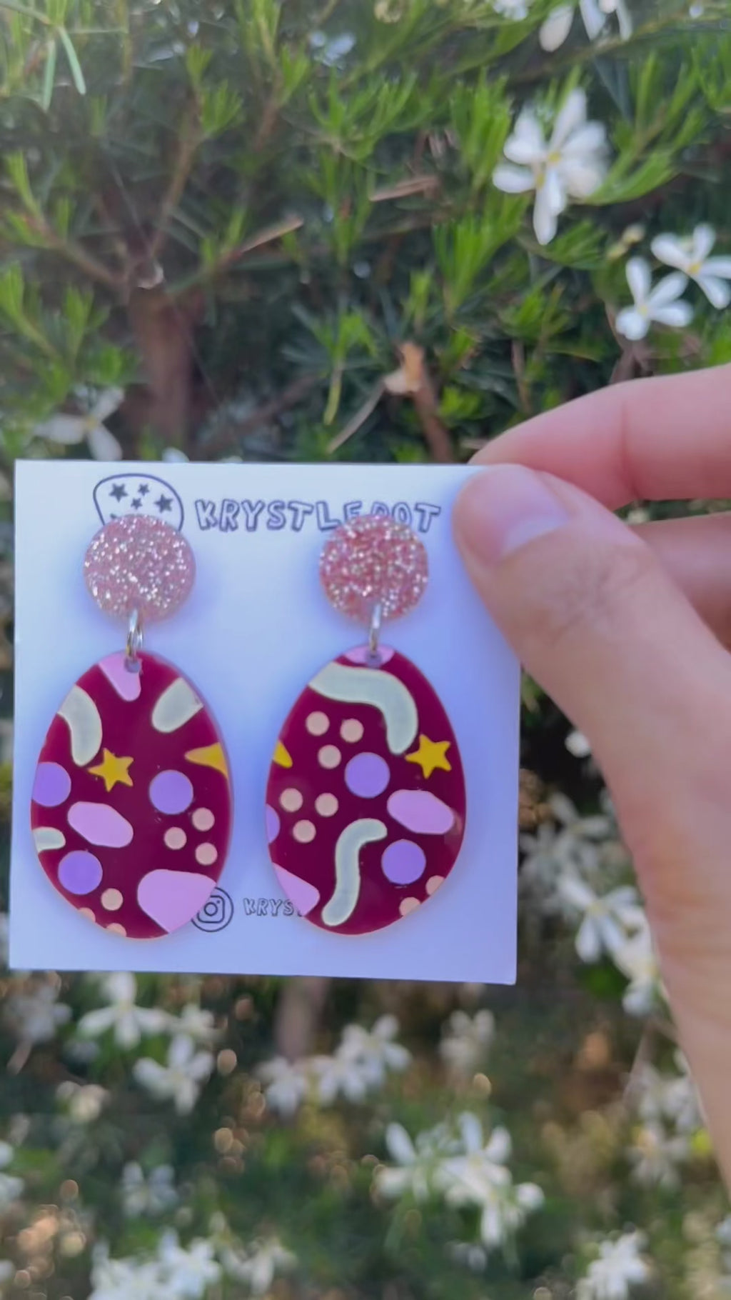 Burgundy Pink and Neutral Tones Cosmic Inspired Hand Painted Oval Earrings, Lightweight Acrylic Dangles, One-Off