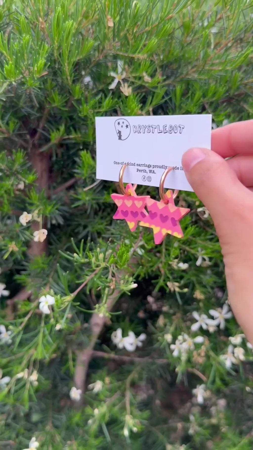 Raspberry star dangles hand painted with pink, yellow and peach hearts, Huggie Hoop Square Earrings, Lightweight Acrylic Dangles, One-Off