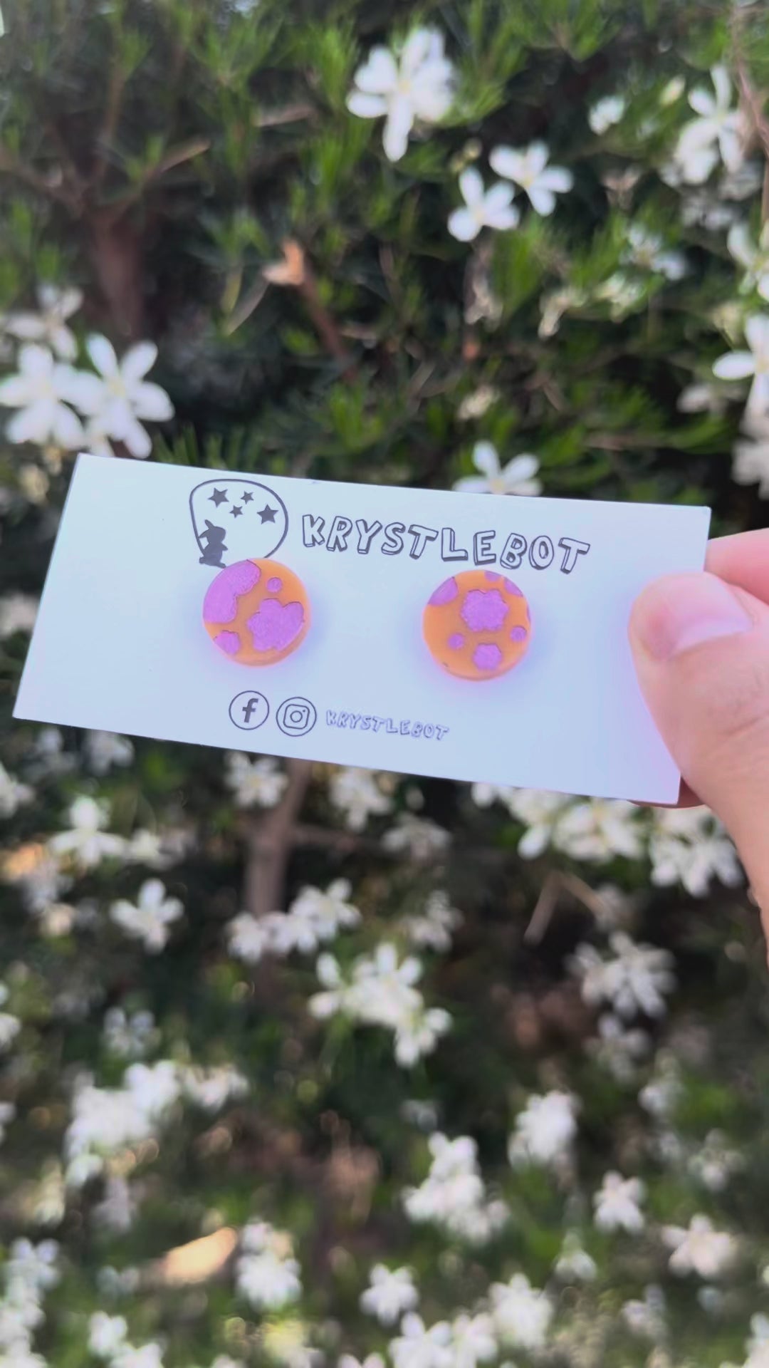 Orange and painted pink flower acrylic stud circle shaped earrings, one-of-a-kind.