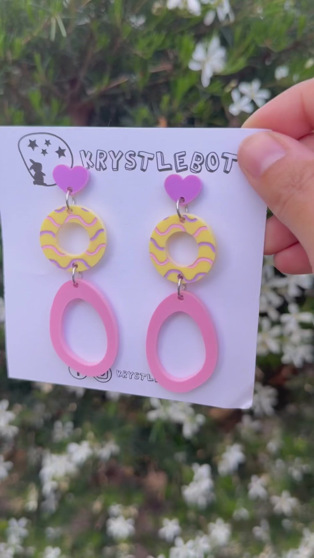 Purple, pink and yellow circle and large oval dangle earrings with wave patterned painted centre, Acrylic earrings, Lightweight dangles,Teacher Earrings