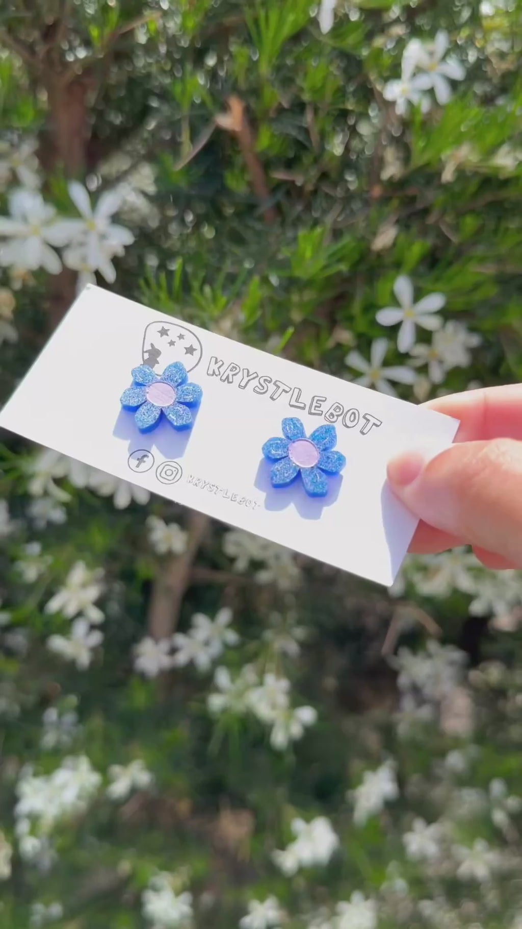 Blue glitter daisy studs, hand painted with pink centre and petal features, Lightweight Acrylic Studs Earrings, first earring