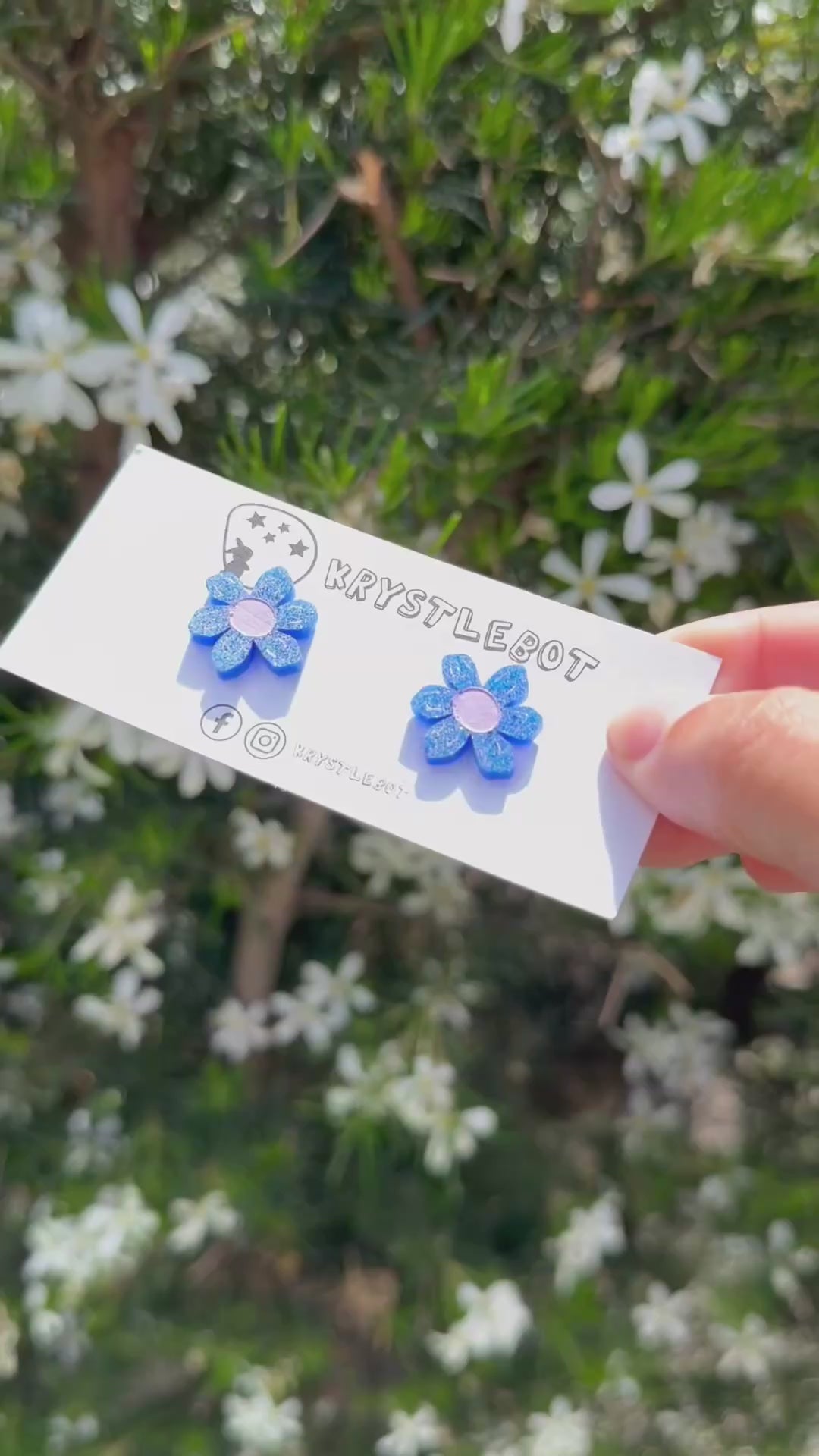 Blue glitter daisy studs, hand painted with pink centre and petal features, Lightweight Acrylic Studs Earrings, first earring