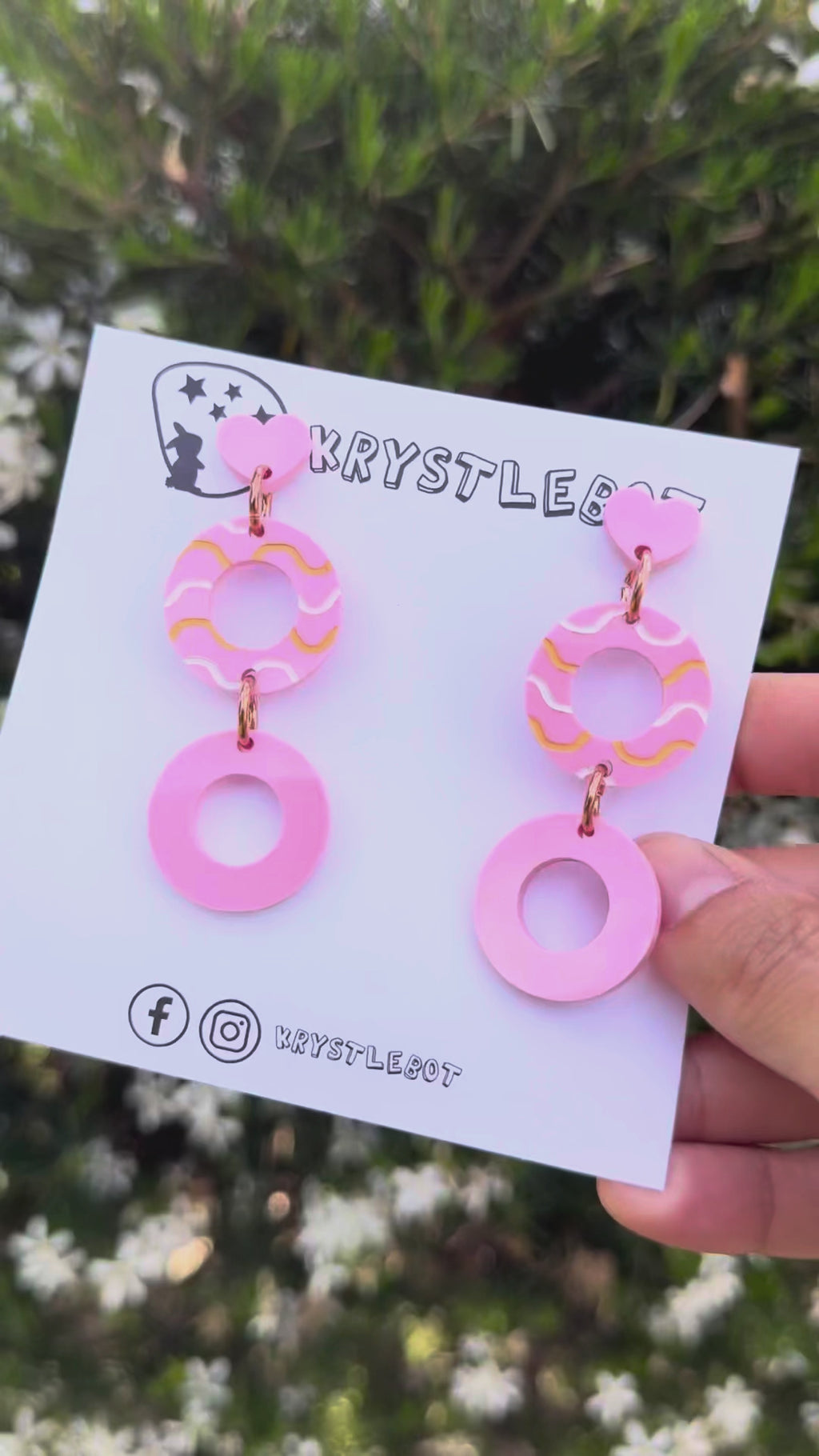 Pink Circle Statement One-of-a-kind Dangle Earrings with a light pink centre hand painted with a white and orange wave pattern.