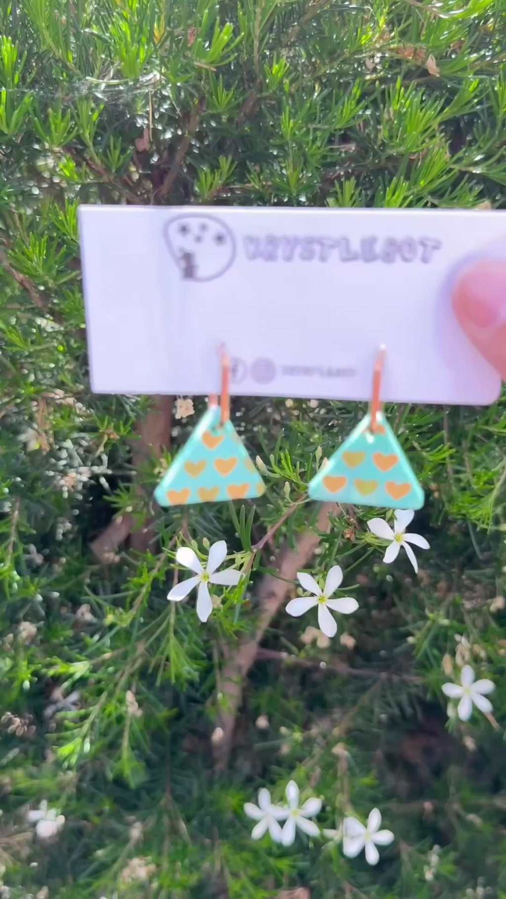 Mint Green Yellow Heart Huggie Hoop Triangles Hand Painted