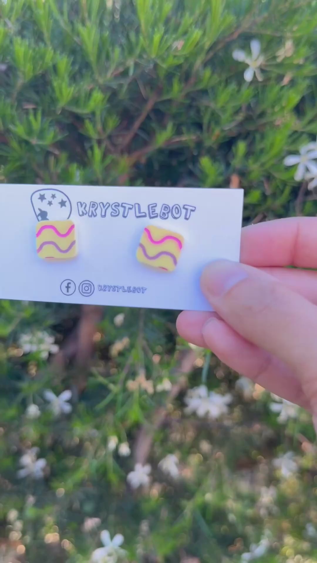 Yellow pink waves hand painted square shaped acrylic earrings, one-of-a-kind, only one made like this