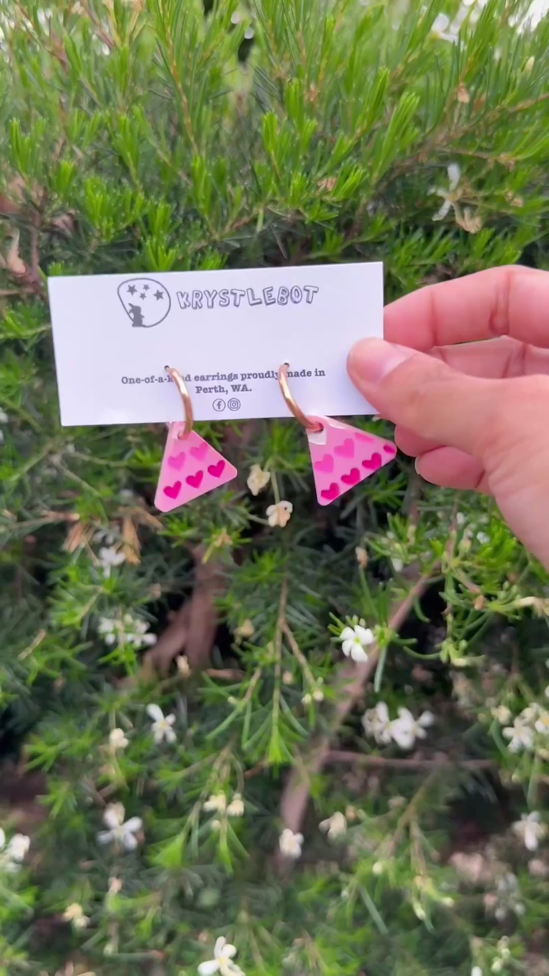 Pink Painted Heart Huggie Hoop Triangle Dangles Handpainted