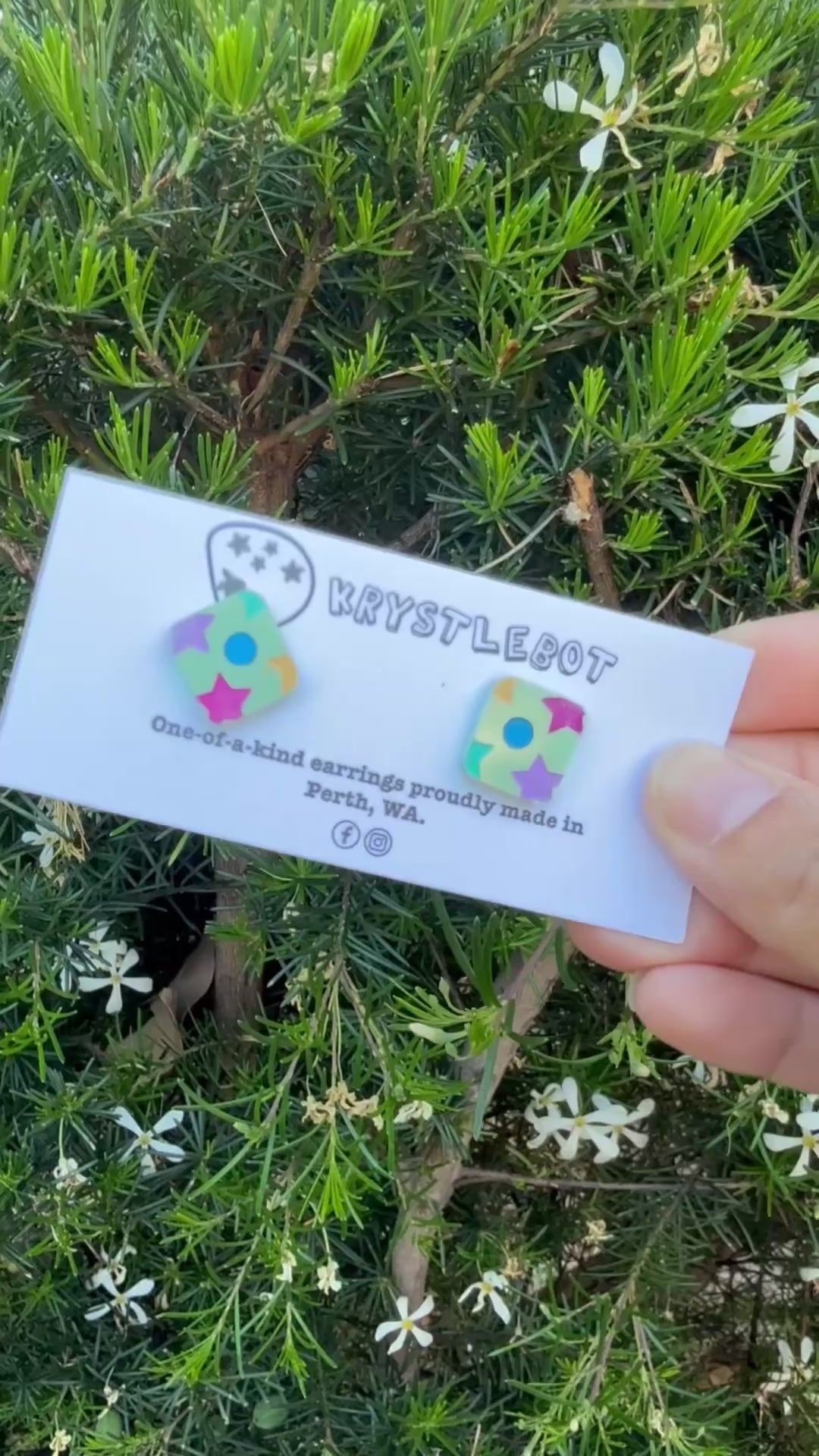 Mint green star and moons multi coloured hand painted square shaped acrylic earrings, one-of-a-kind, only one made like this