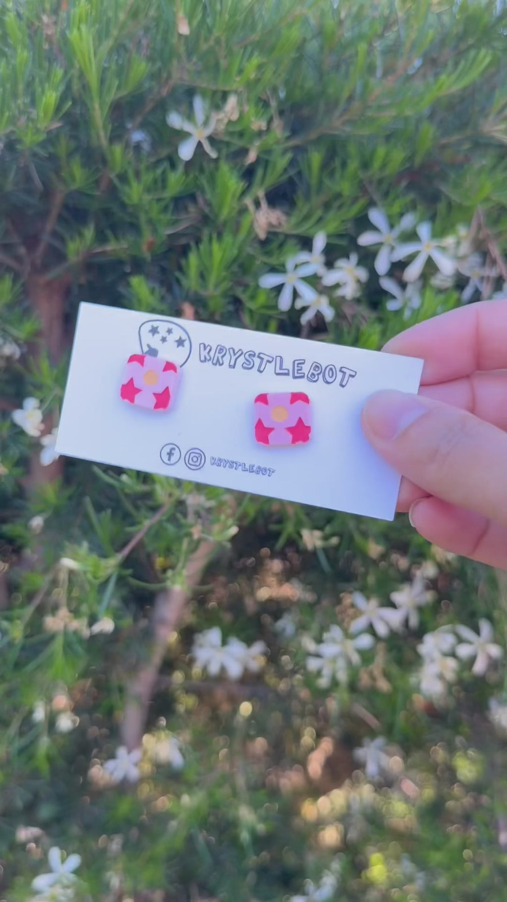 Pink red star and peach moon hand painted square shaped acrylic earrings, one-of-a-kind, only one made like this