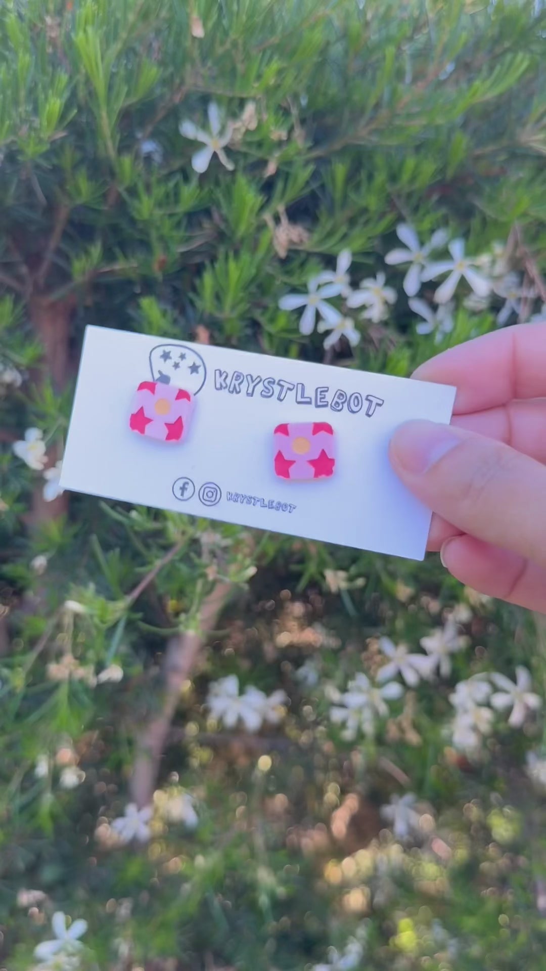 Pink red star and peach moon hand painted square shaped acrylic earrings, one-of-a-kind, only one made like this