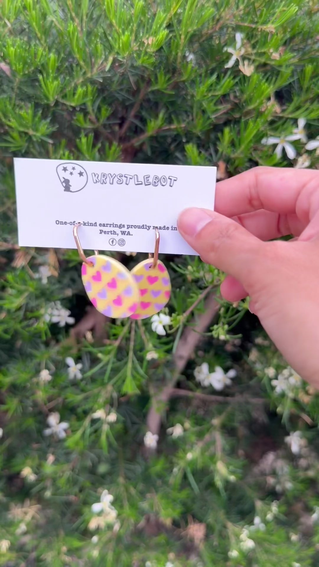 Yellow Oval Huggie Hoops Hand Painted Pink and Purple Hearts