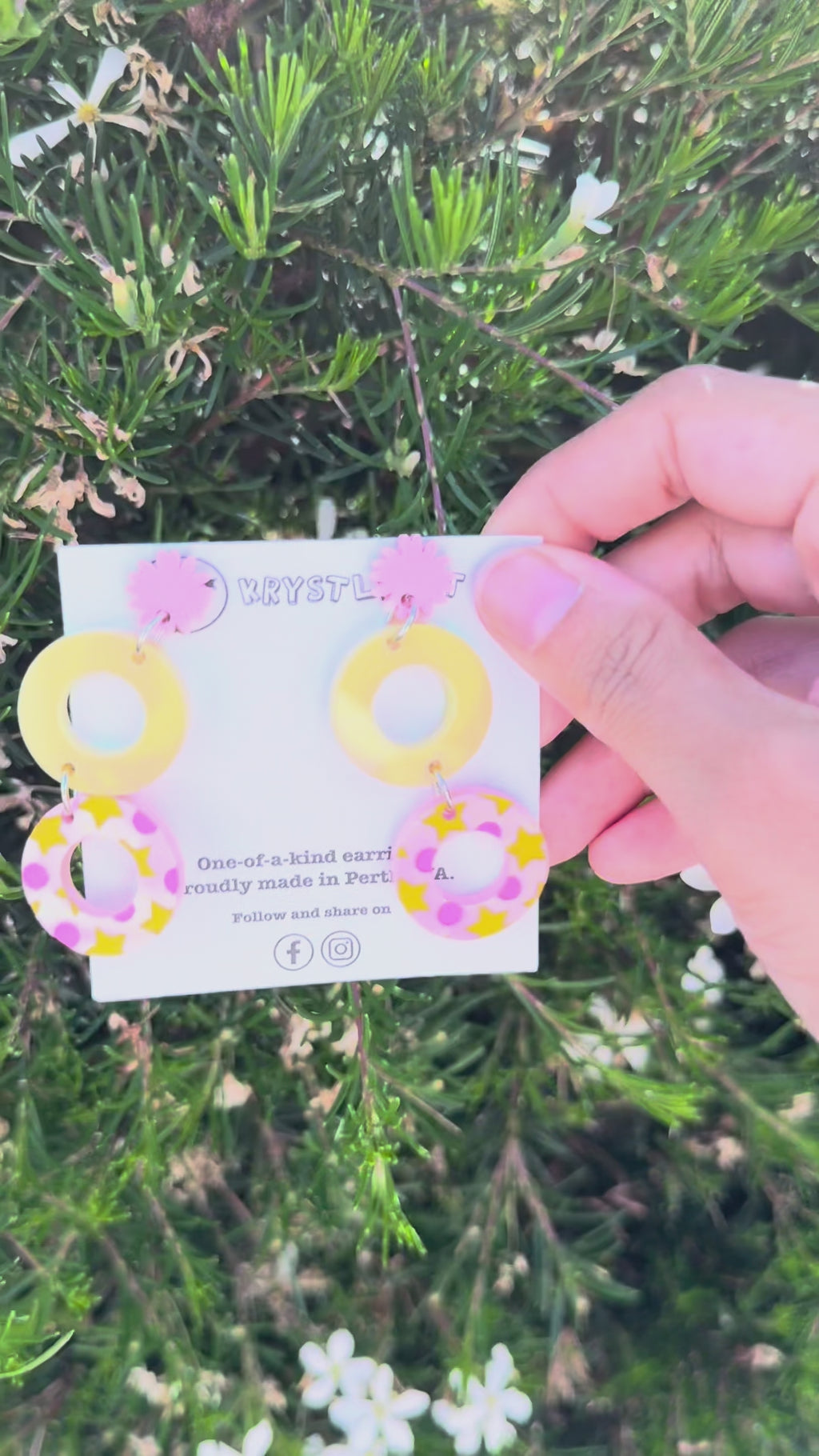 Pink & Yellow Painted Circle Star and Moon Hand Painted Dangles